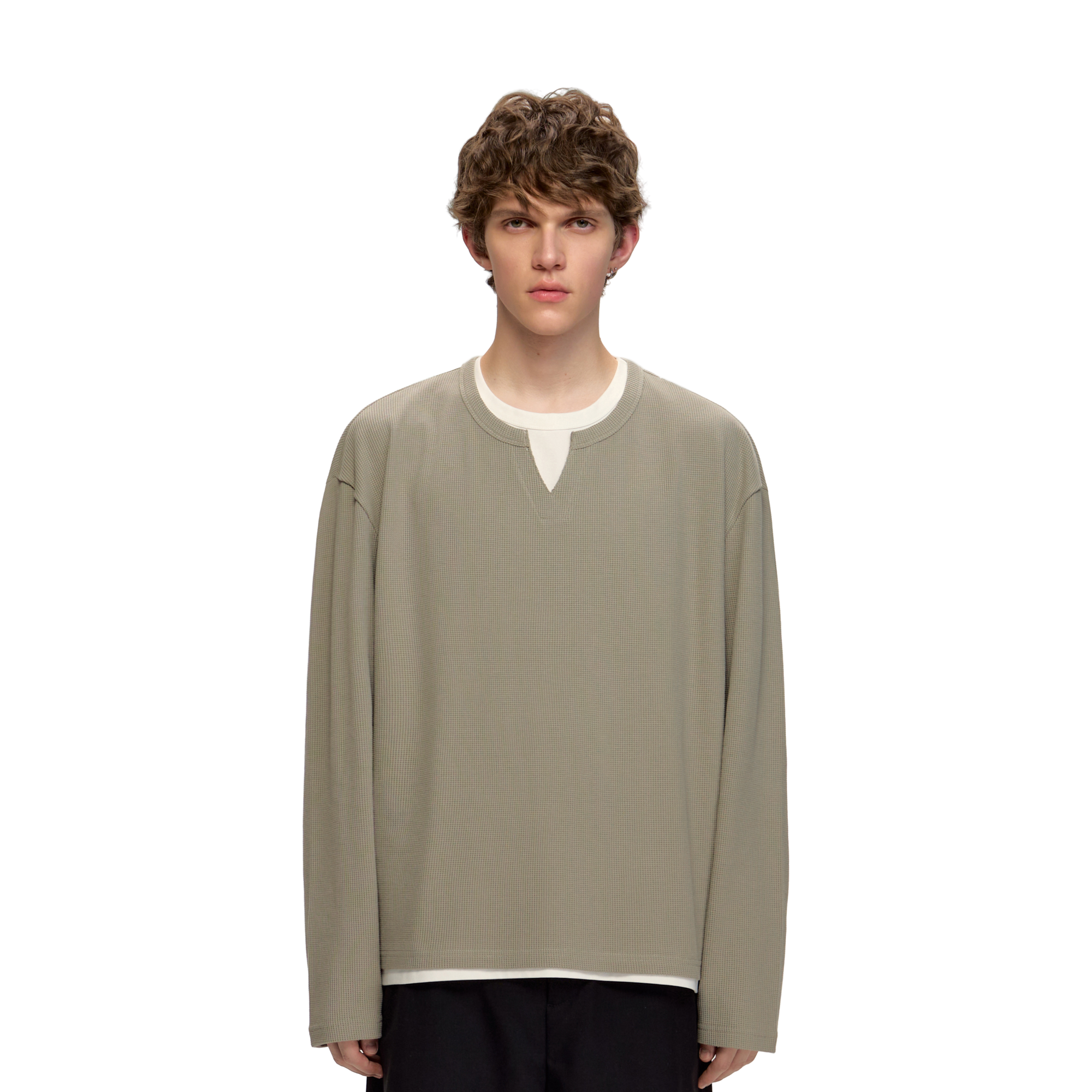 Light Brown Waffle Split Collar Fake Two-piece Long Sleeves