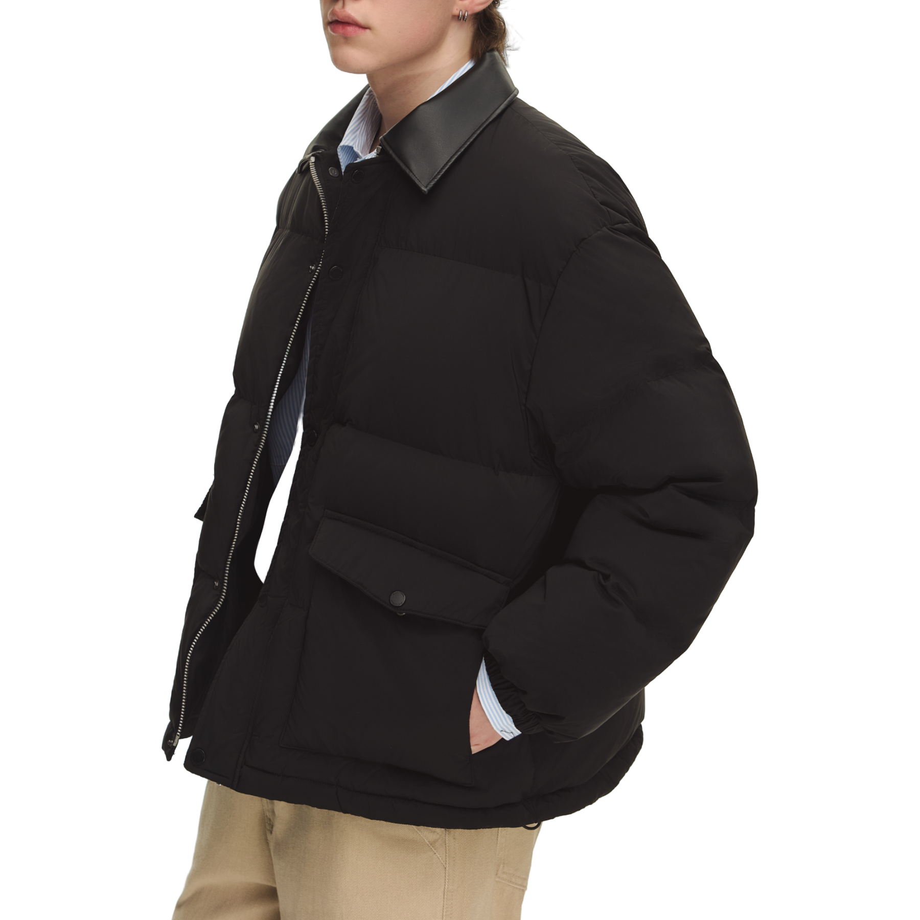Leather Collar Winter Down Puff Jacket
