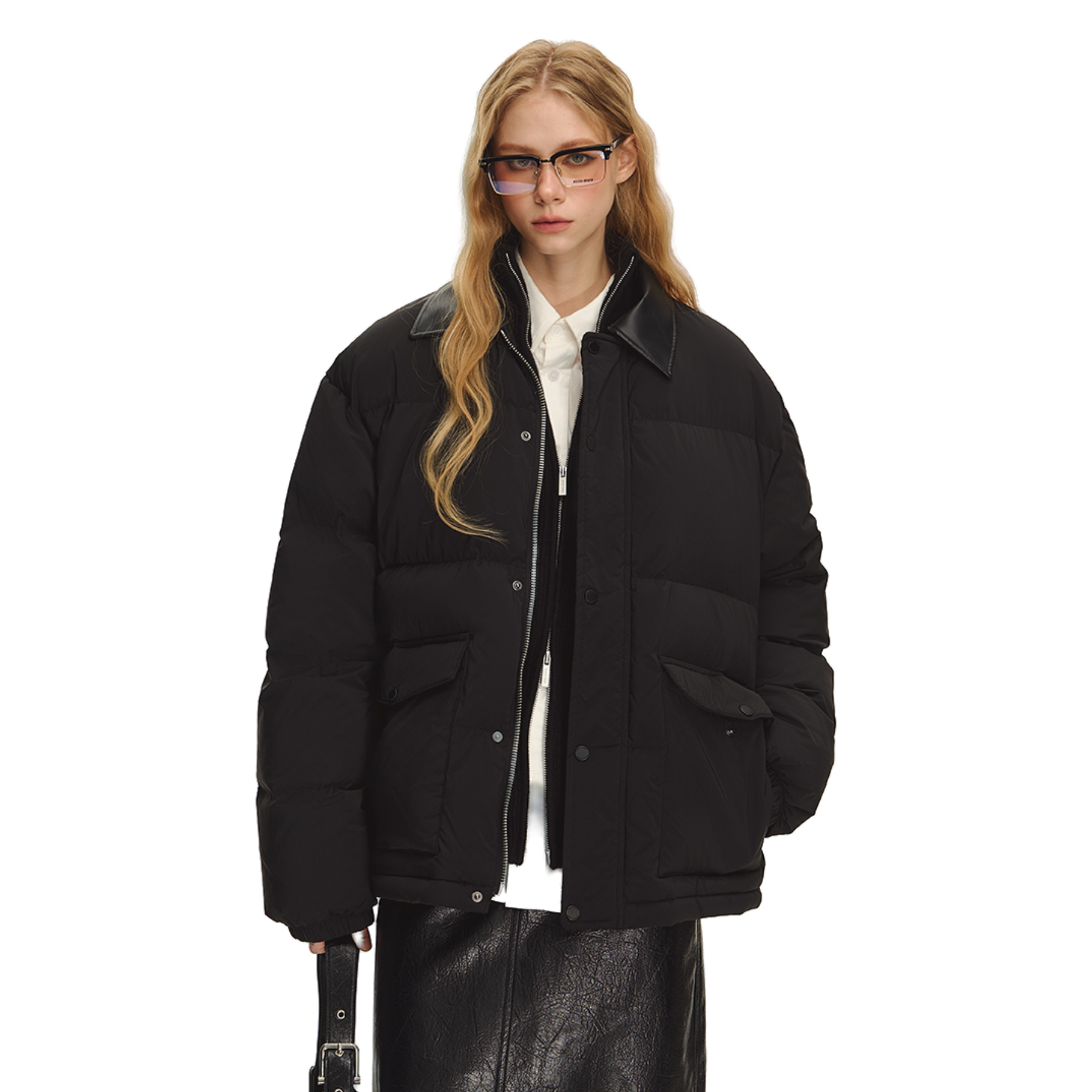 Leather Collar Winter Down Puff Jacket