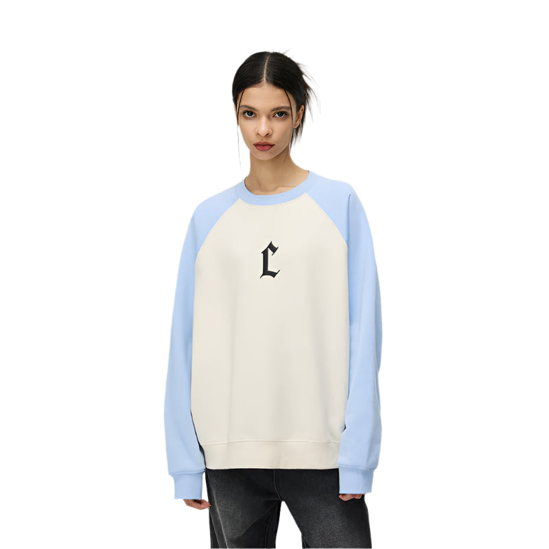 Blue Color-blocked Raglan Sleeve Foam C-letter Print Hoodie