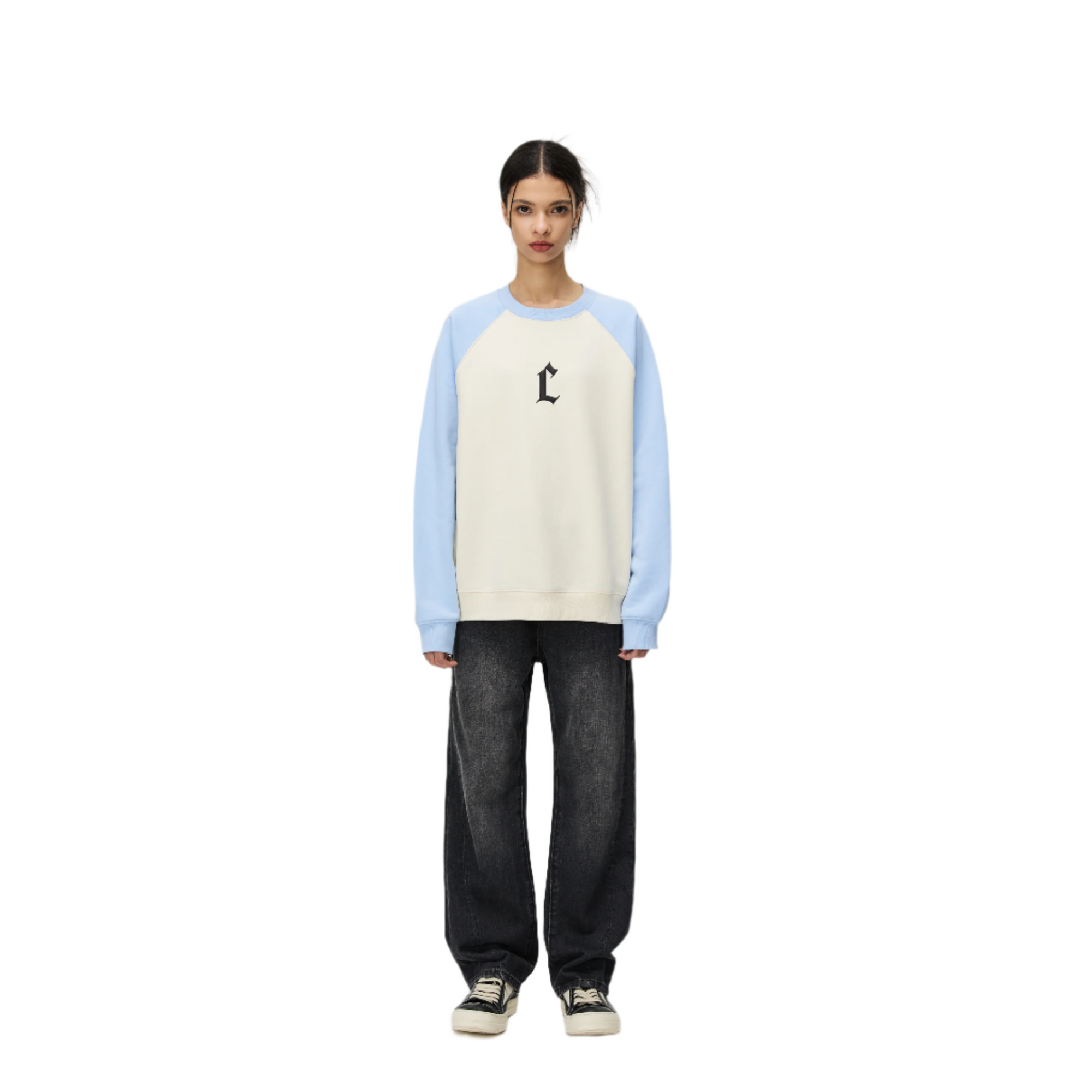 Blue Color-blocked Raglan Sleeve Foam C-letter Print Hoodie