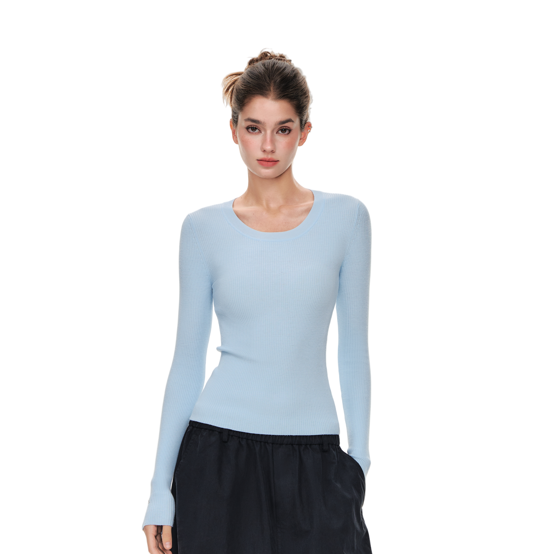 Blue High Twist Bamboo Yarn U-Neck Striped Slim Fit Knitted Shirt