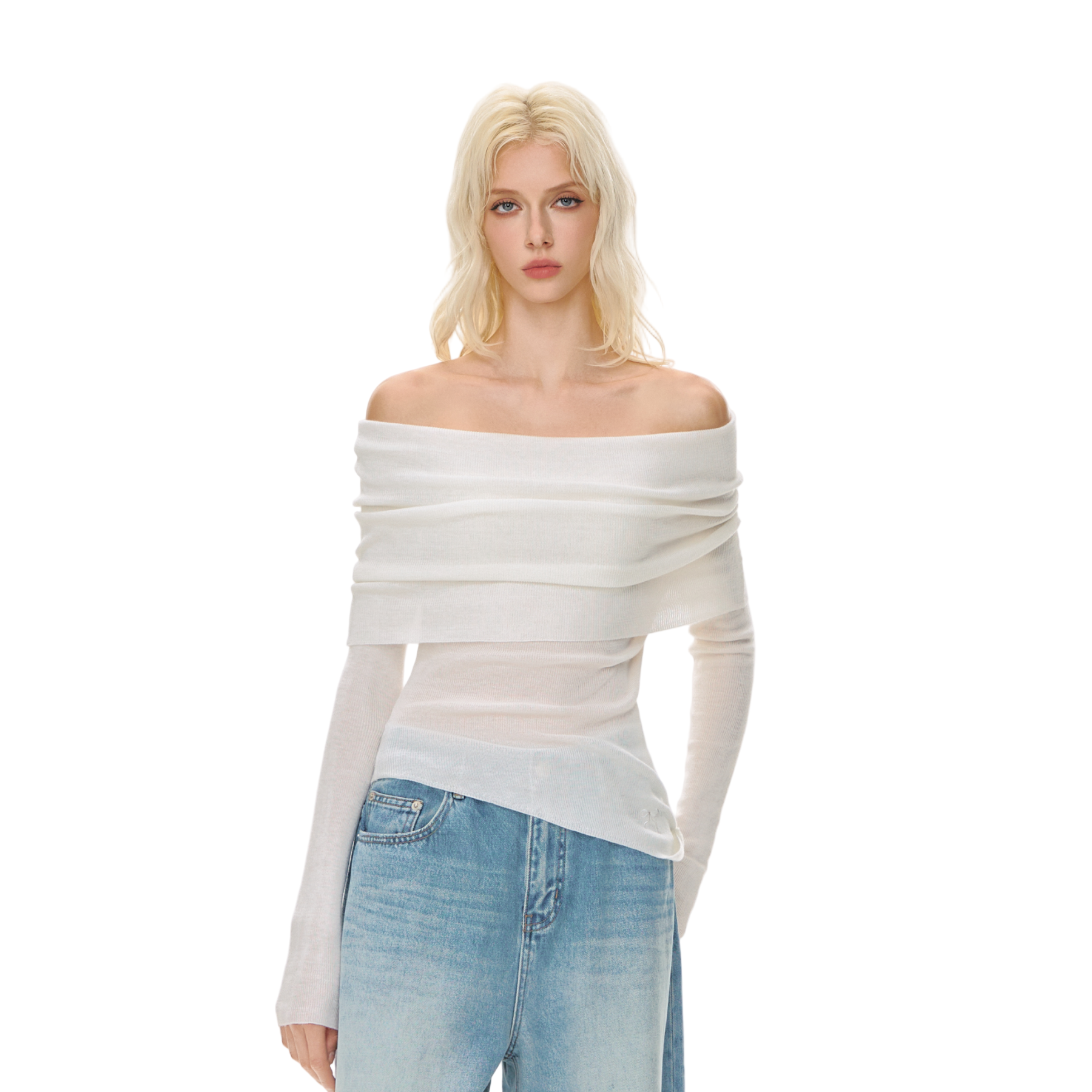 White Wool Blend Stacked Pleated One-shoulder Knitted Long Sleeves
