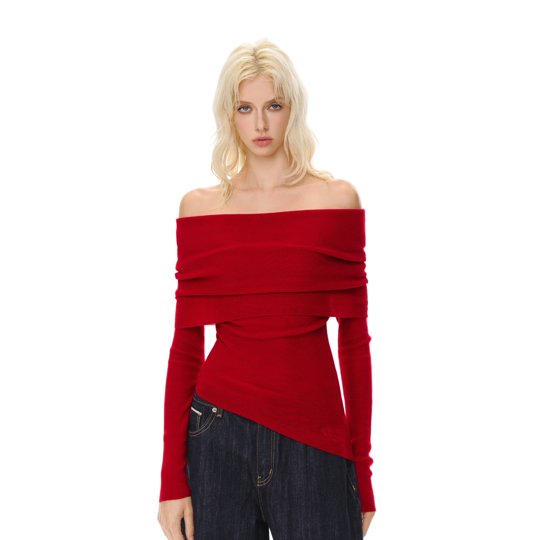 Red Wool Blend Stacked Pleated One-shoulder Knitted Long Sleeves