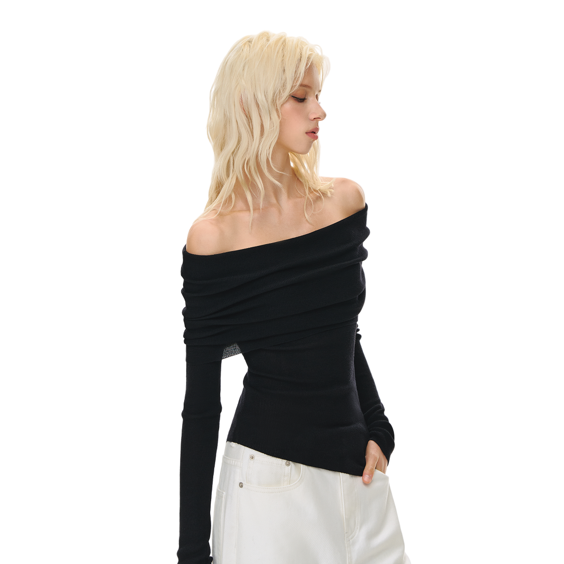 Black Wool Blend Stacked Pleated One-shoulder Knitted Long Sleeves