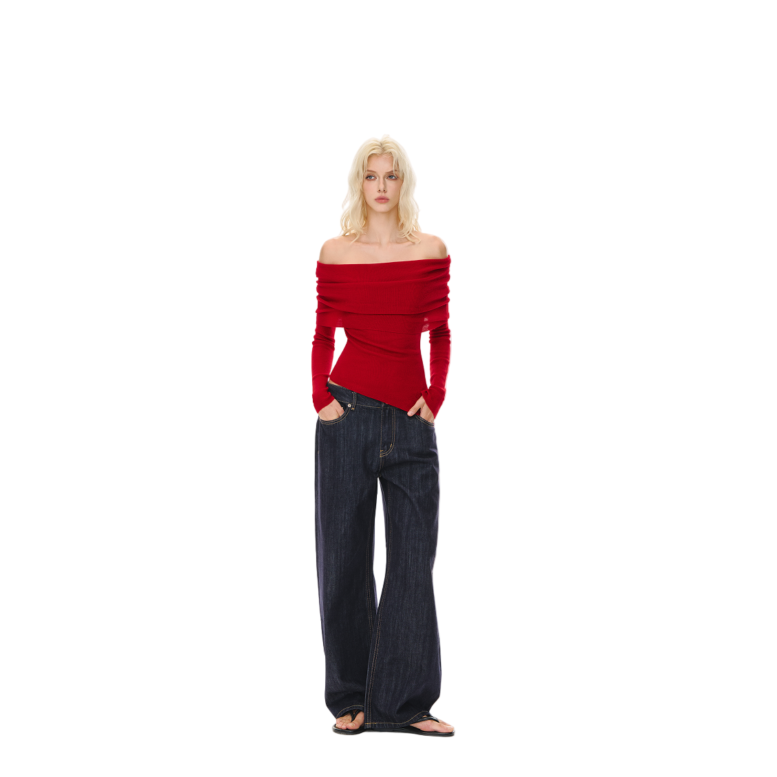 Red Wool Blend Stacked Pleated One-shoulder Knitted Long Sleeves