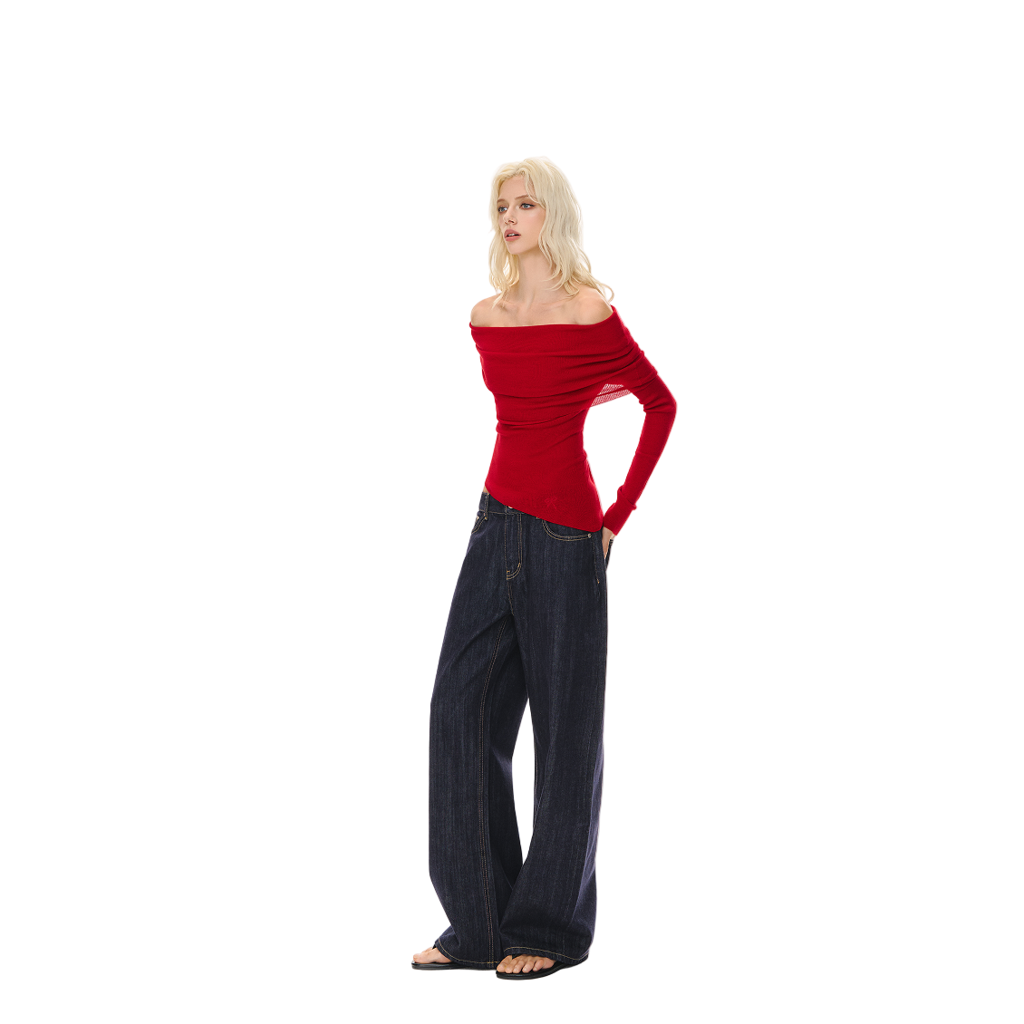 Red Wool Blend Stacked Pleated One-shoulder Knitted Long Sleeves