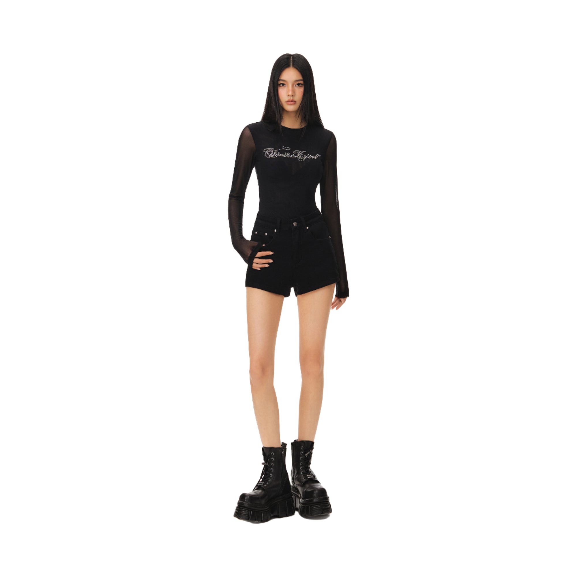 Black Millennial Mesh Elastic Rhinestone Bottom Long Sleeve