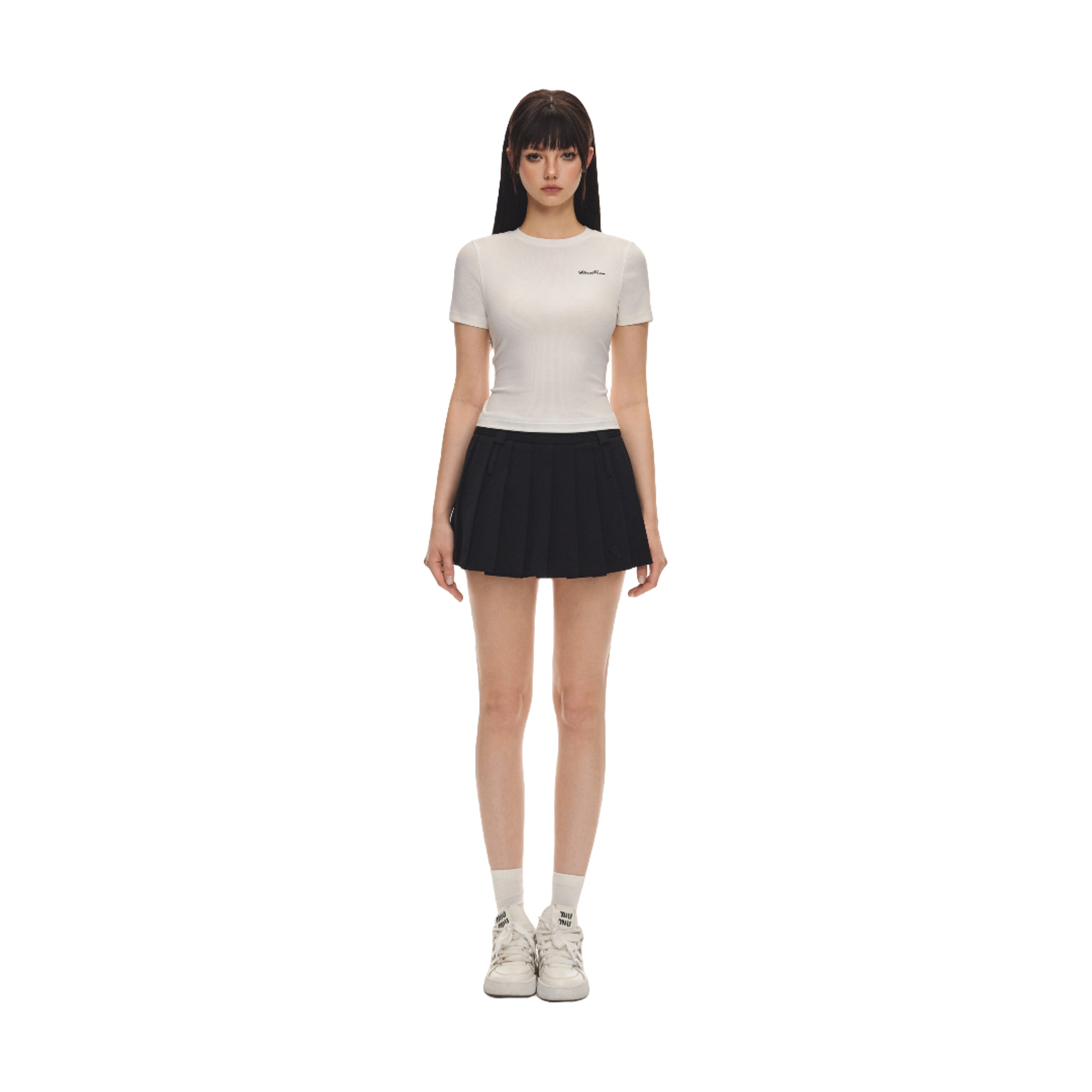 Black CV Embroidered Double Waistband Pleated Skirt