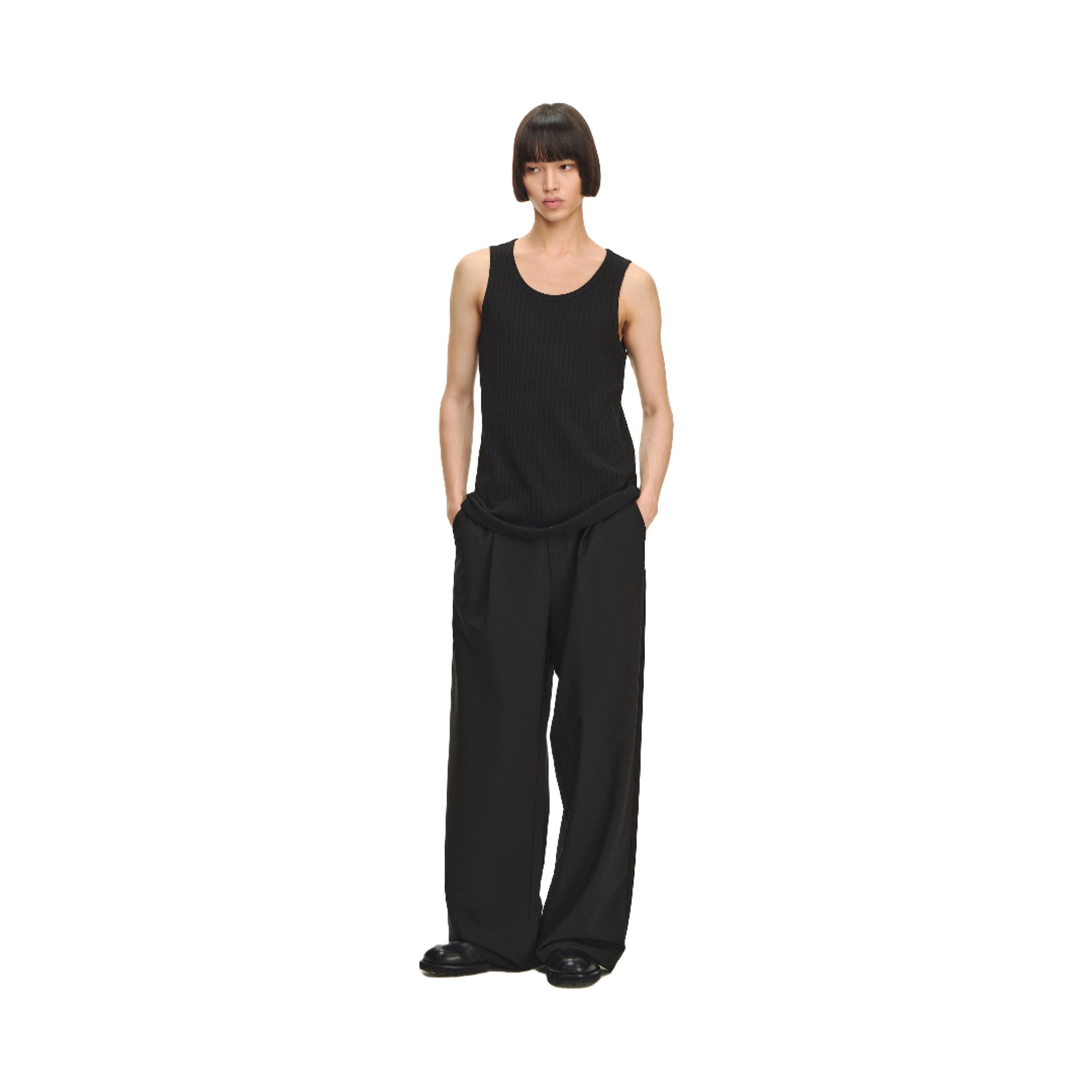 Black Ribbed Texture Blended Stretch Basic Round Neck Vest