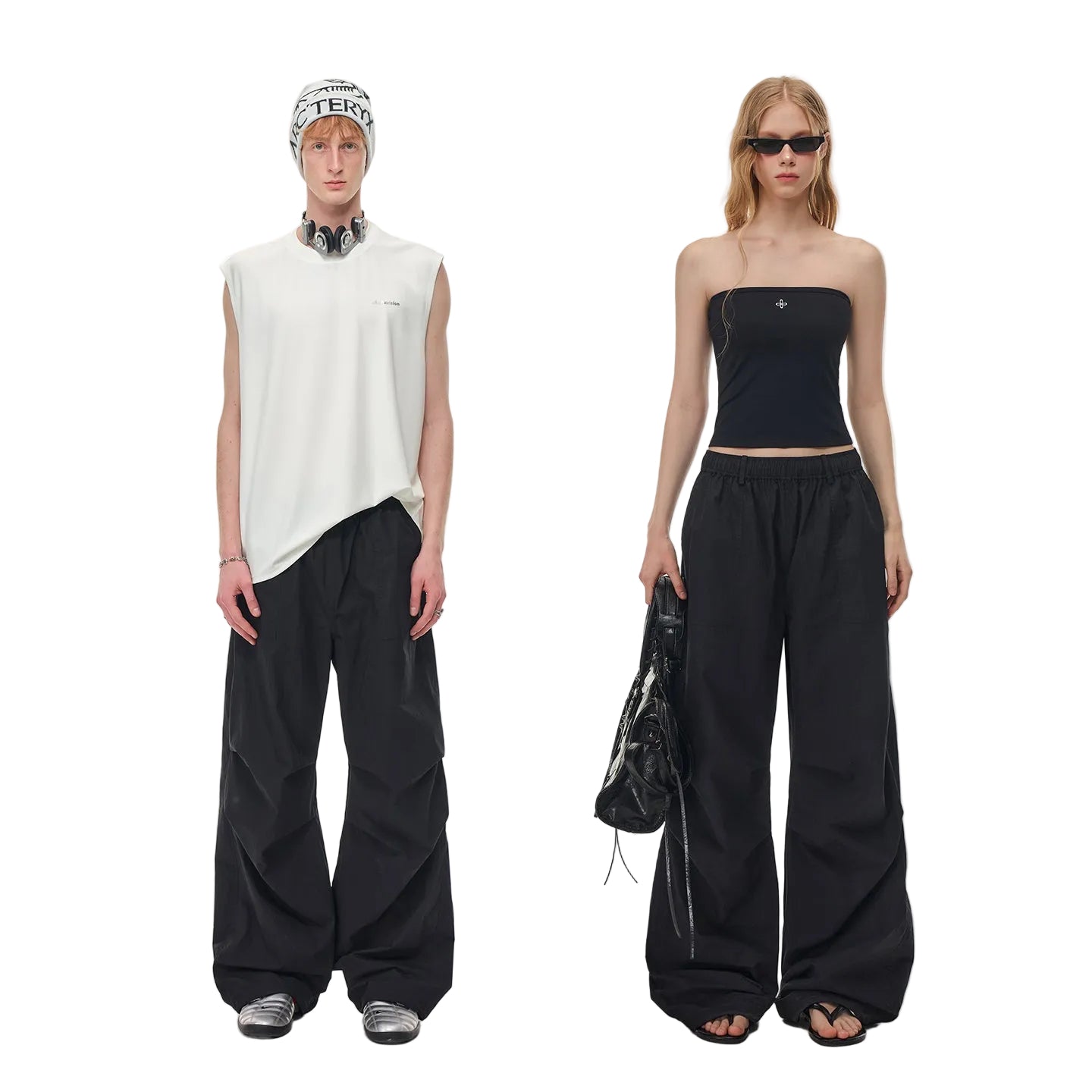 Black Pleated Straight-Leg Paratrooper Pants