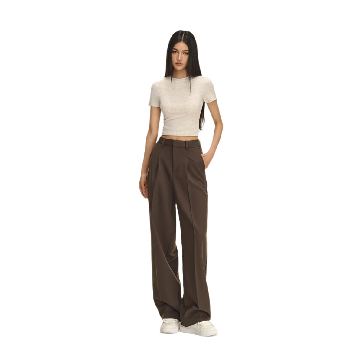 Brown High Waist Straight Trousers