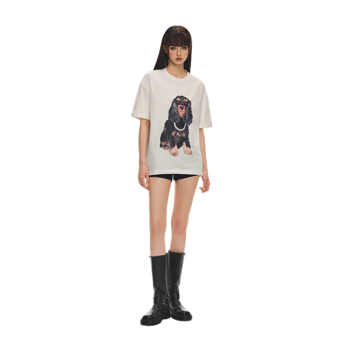 White pearl puppy print short sleeves