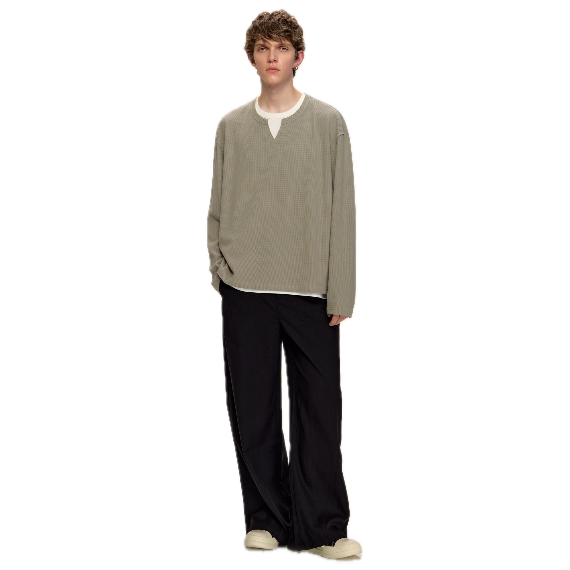 Light Brown Waffle Split Collar Fake Two-piece Long Sleeves