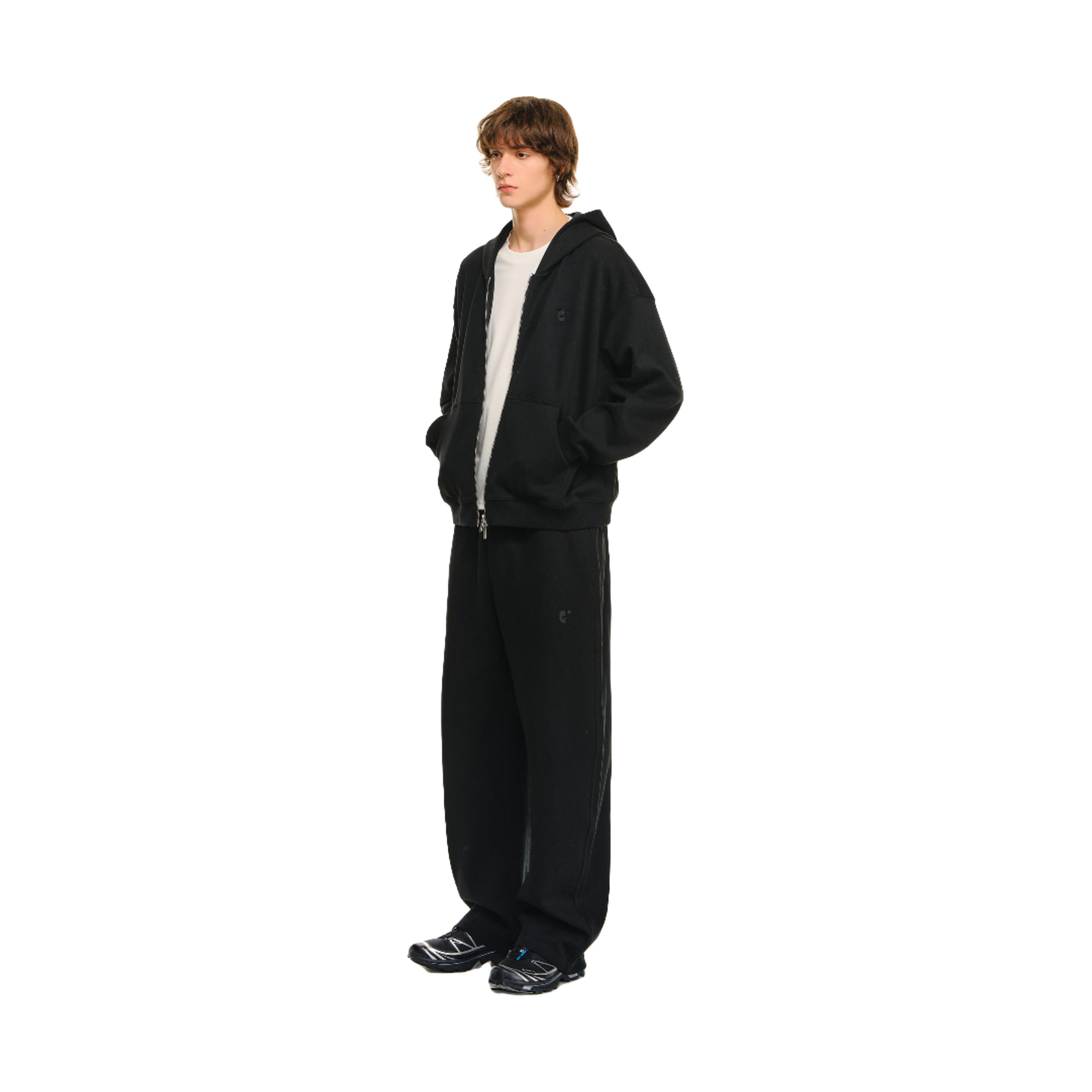 Black Embroidered Oversized Piqué Zip-Up Hoodie