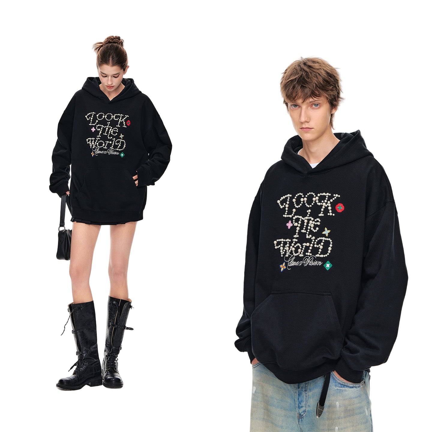 Pearl Letter Embroidered Flower Hoodie In Black