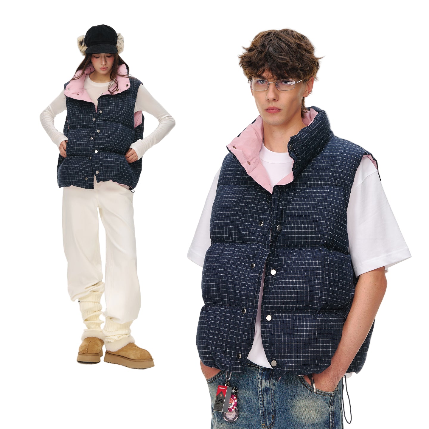 Navy Blue Textured Plaid Color-Blocked Stand Collar Down Vest