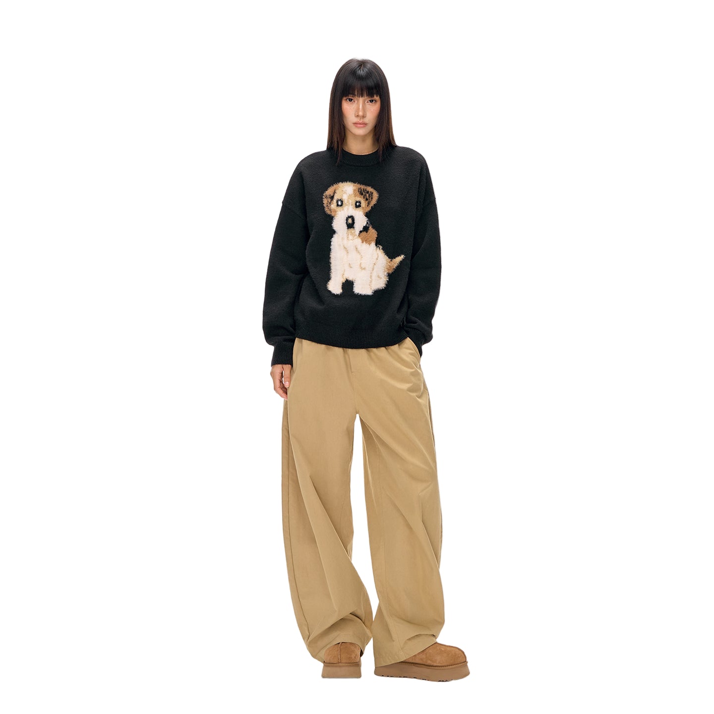 Plush Cartoon Puppy Jacquard Pullover Sweater In Black