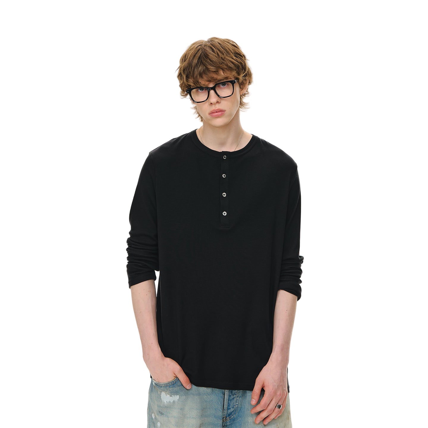 Fitted Cut Henley Button-Down Collar Wool Long Sleeves In Black