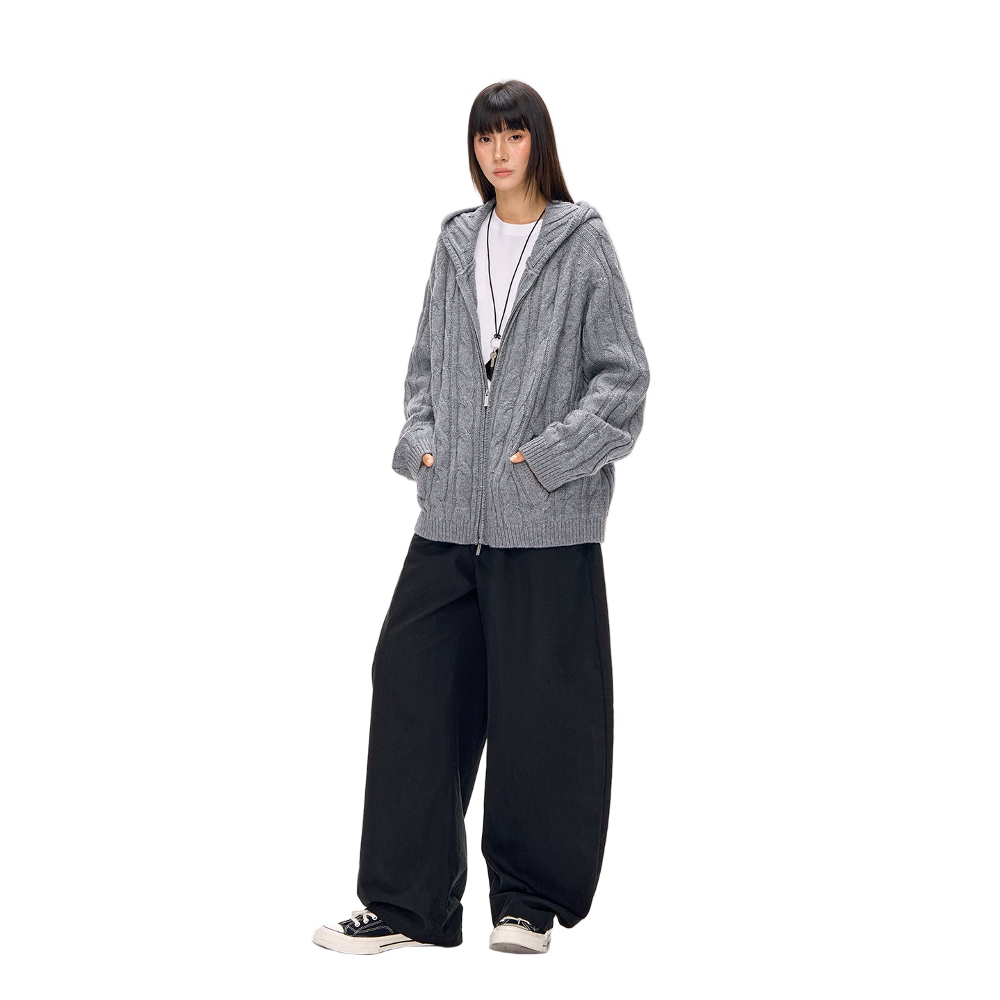 Wool Blend Cable Hooded Zip-Up Cardigan In Grey