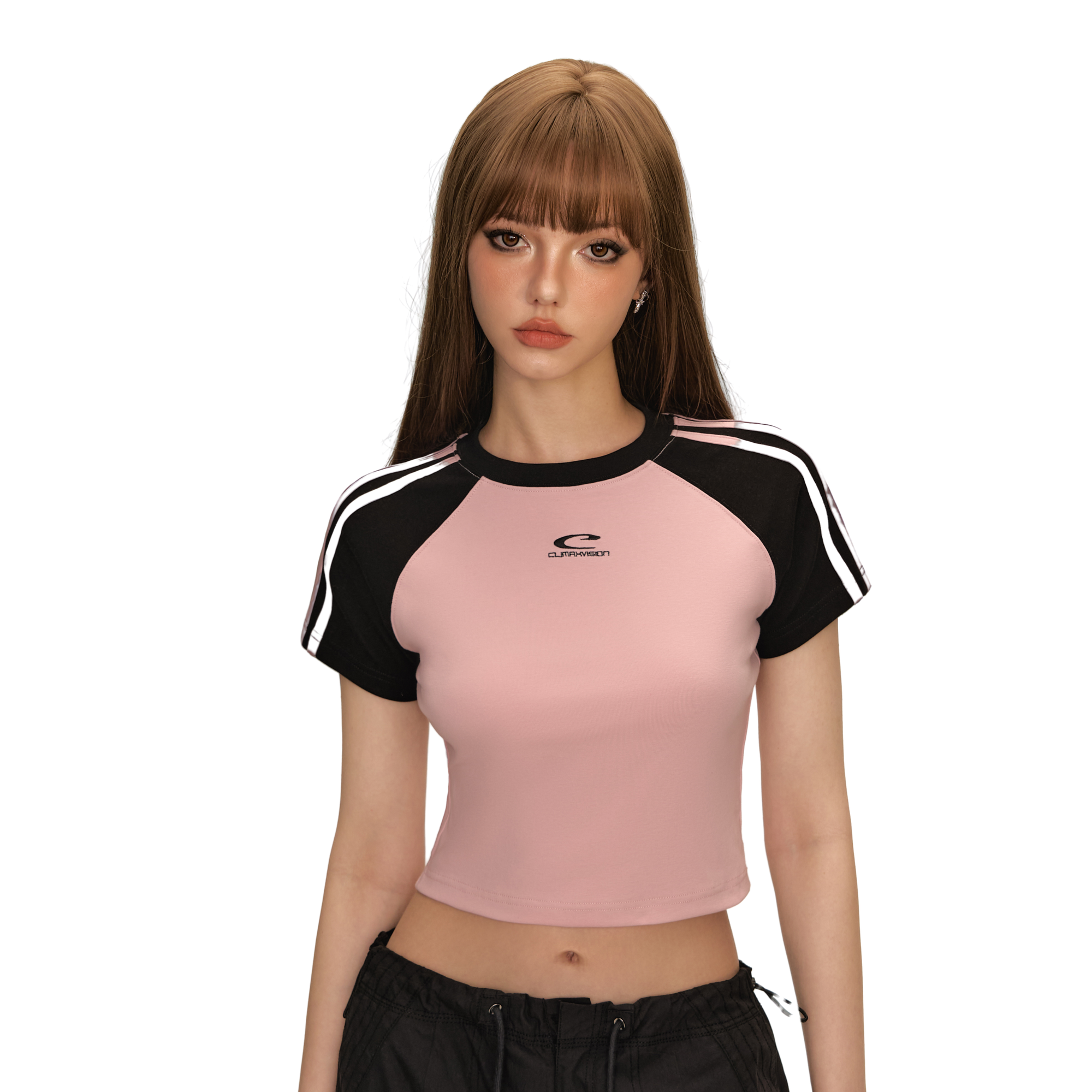 Black And Pink C-shaped Contrast Striped Shoulder Short Sleeves