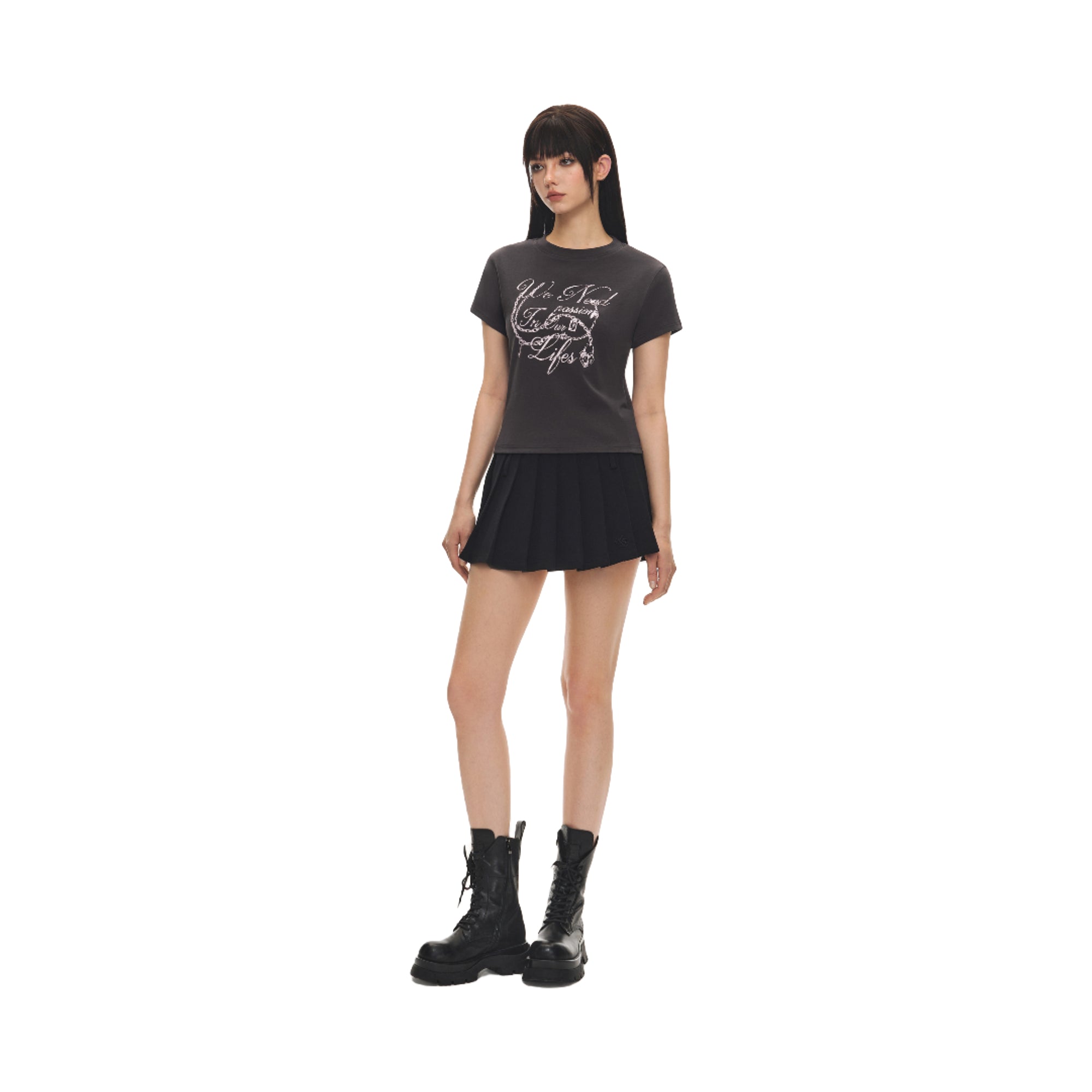 Black CV Embroidered Double Waistband Pleated Skirt