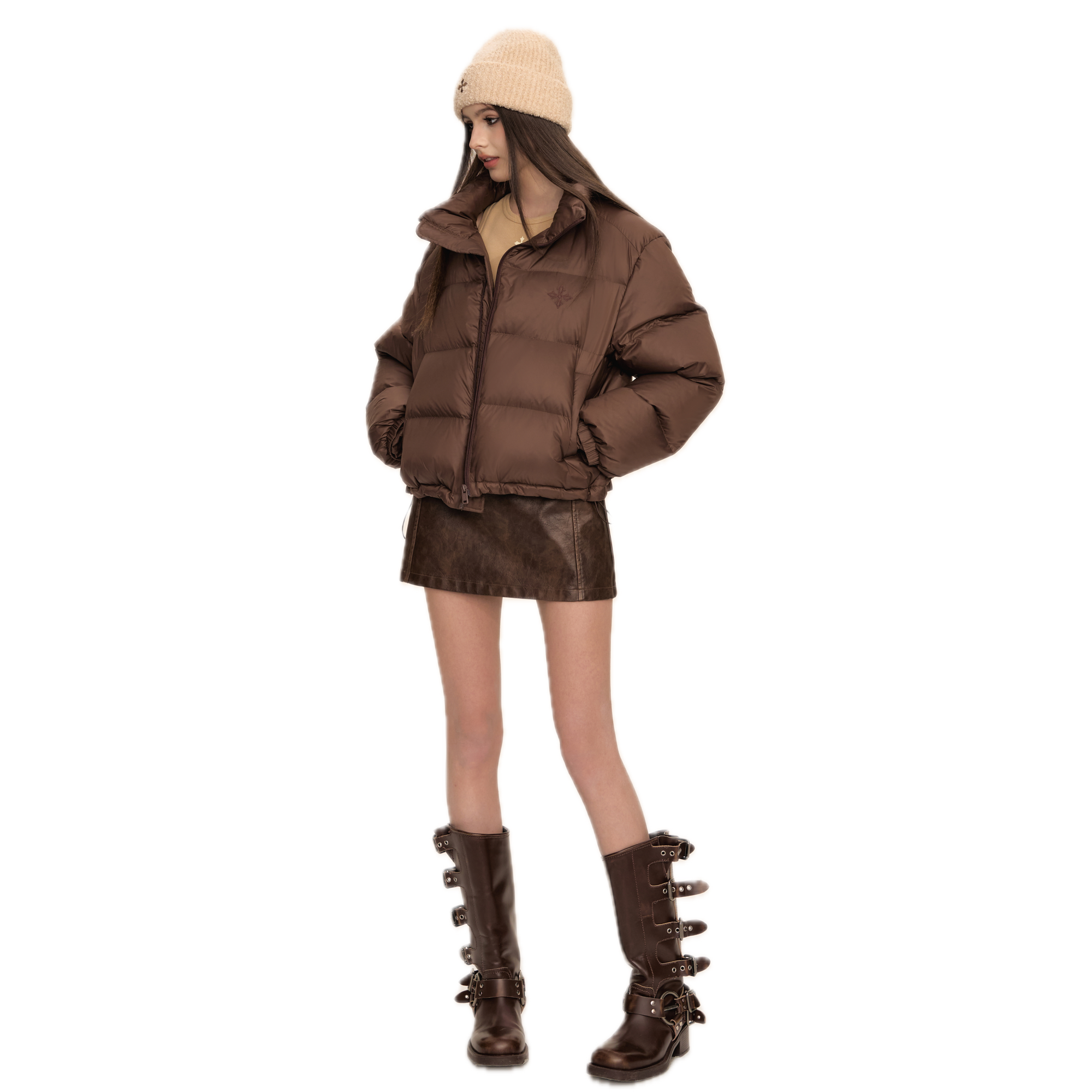 Brown logo embroidered short down jacket