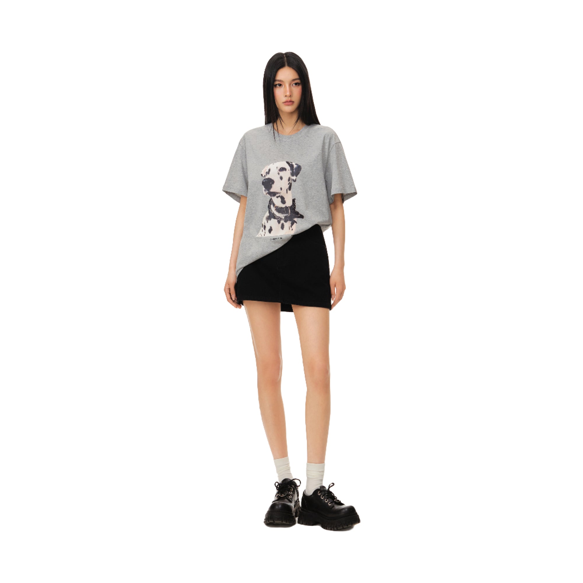 Grey Dalmatian Print Lightweight Crew Neck Fitted Short Sleeve T-Shirt