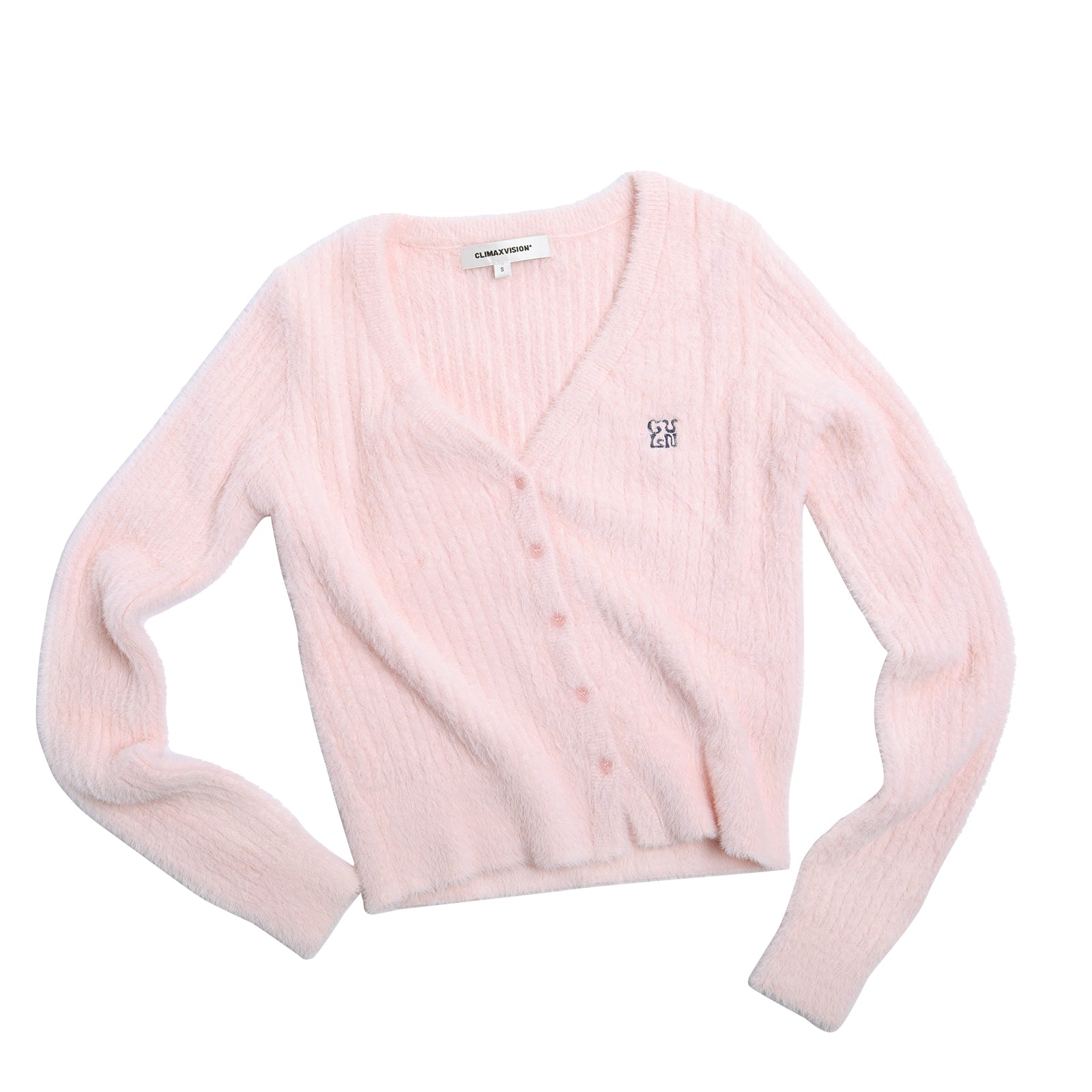 Pink Faux Mink V-neck Ribbed Knit Cardigan