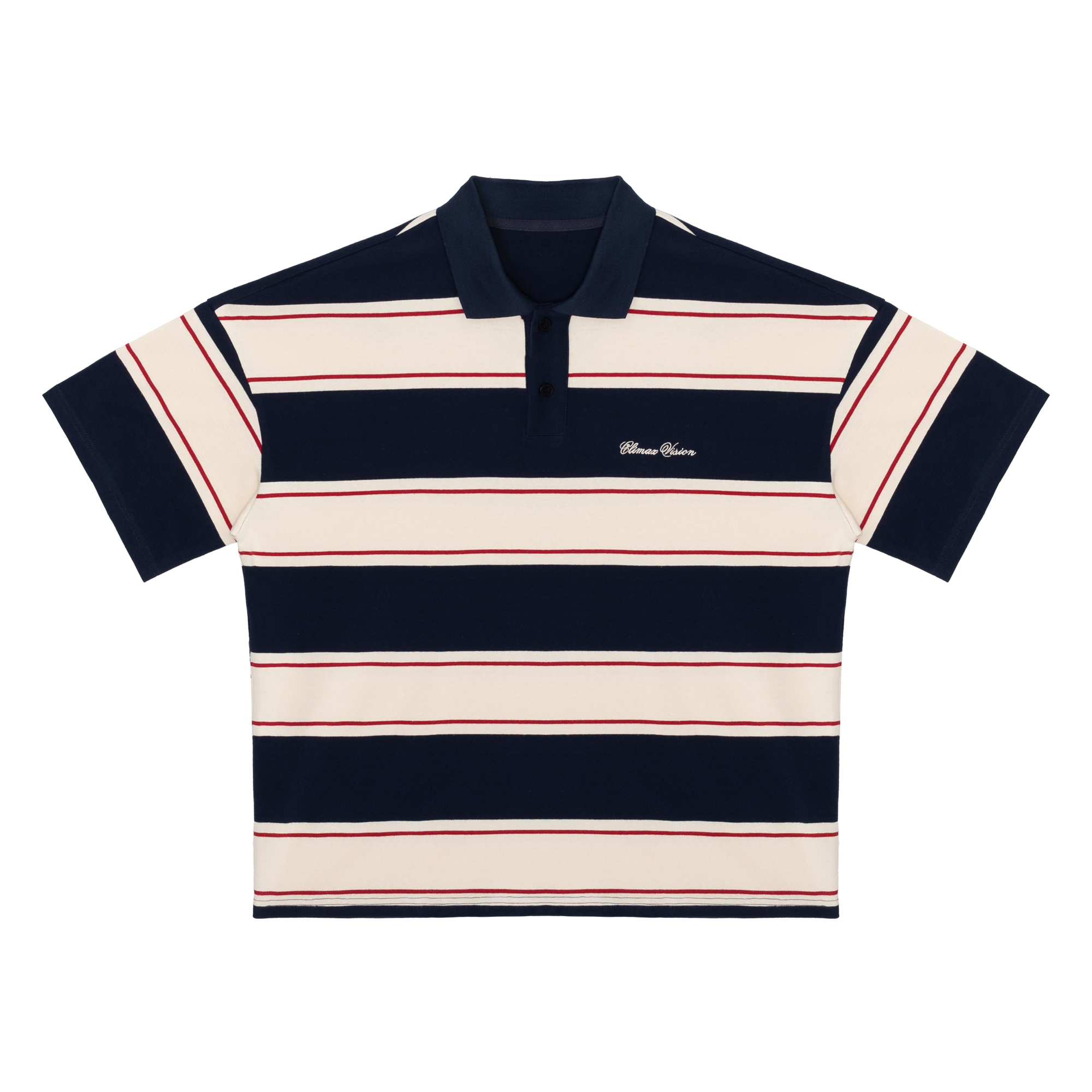 Navy Blue Striped Embroidered Polo Collar Short Sleeves