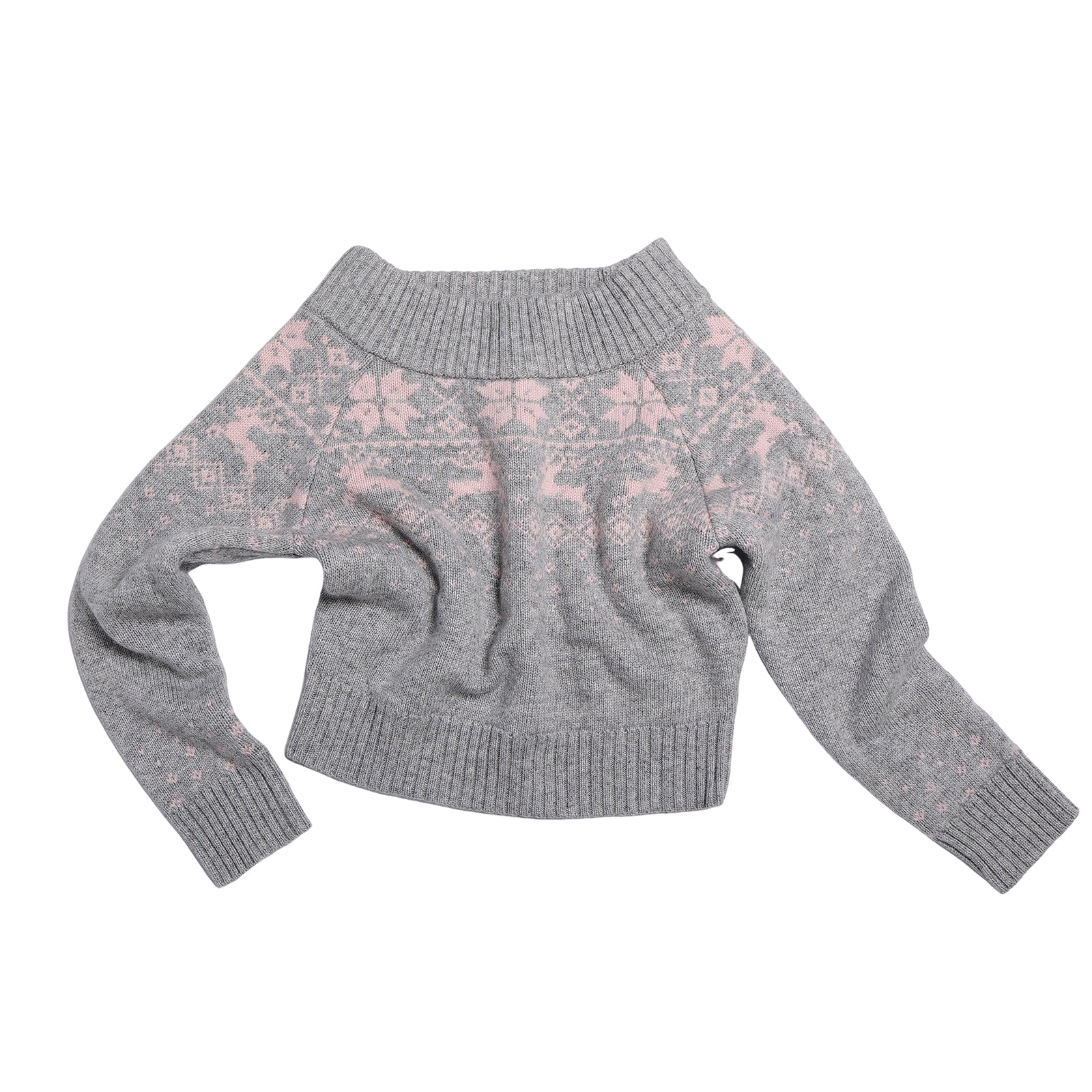 Light Grey Off-Shoulder Fair Isle Australian Wool Jacquard Pullover Sweater