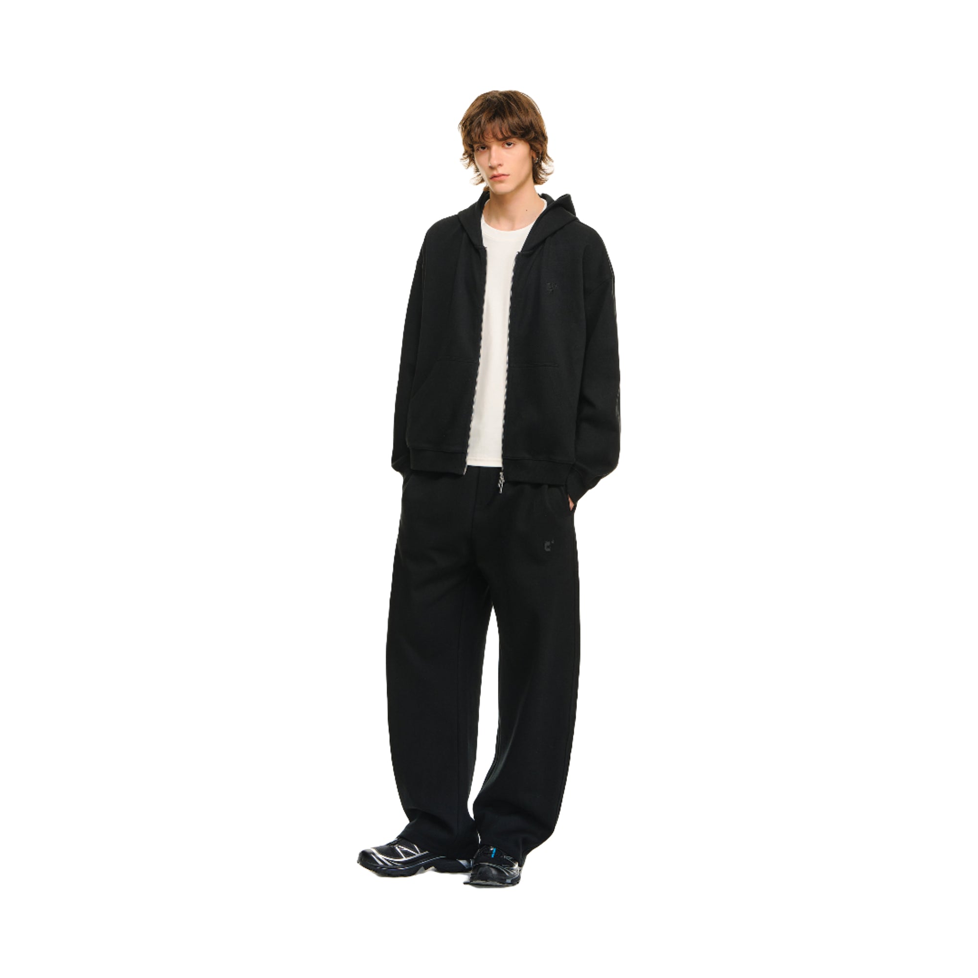 Black Embroidered Oversized Piqué Zip-Up Hoodie