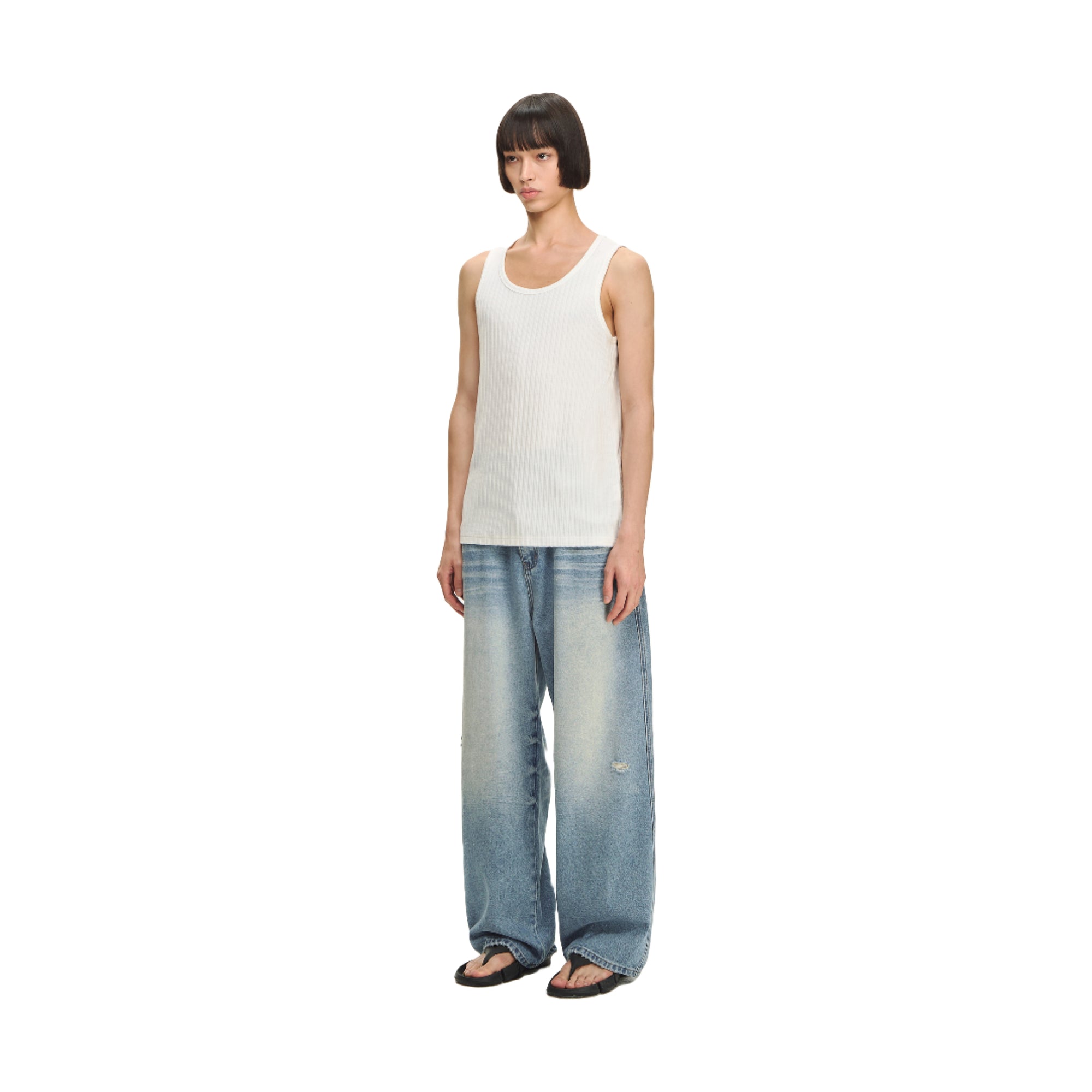 White Ribbed Texture Blended Stretch Basic Round Neck Vest