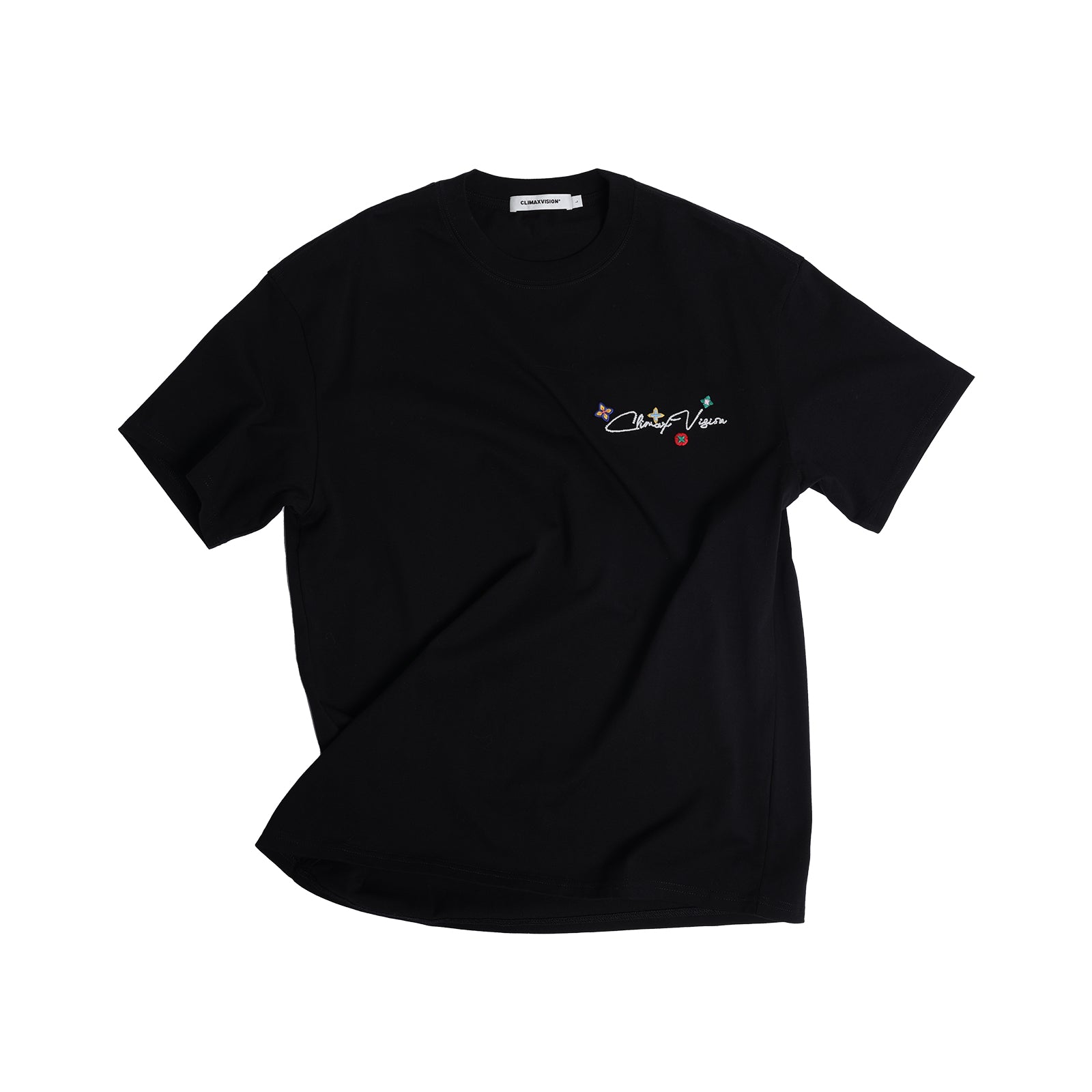 Black Rhinestone Pearl Logo Embroidered Floral Short-Sleeve T-Shirt