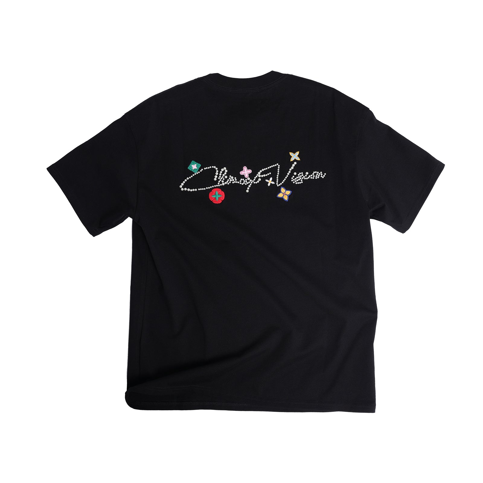 Black Rhinestone Pearl Logo Embroidered Floral Short-Sleeve T-Shirt