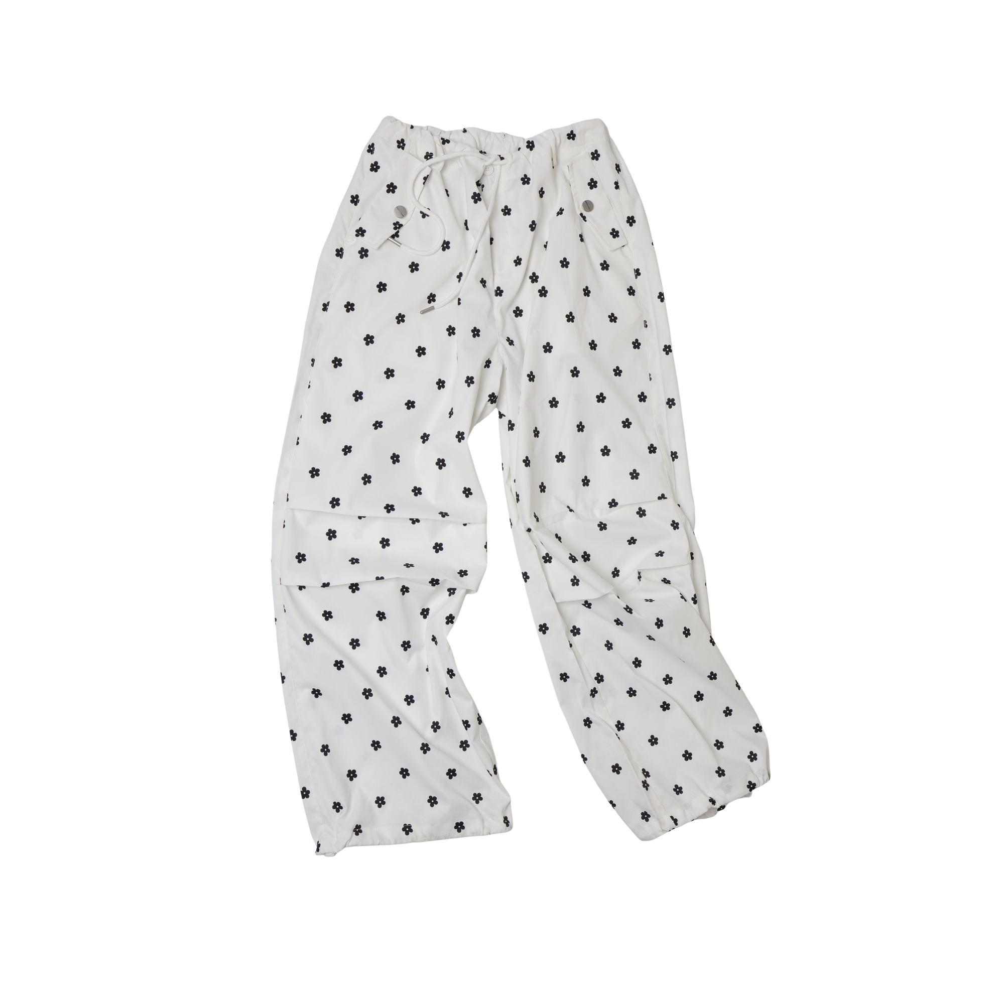 White Printed Double Pleated Drawstring Airy Trousers