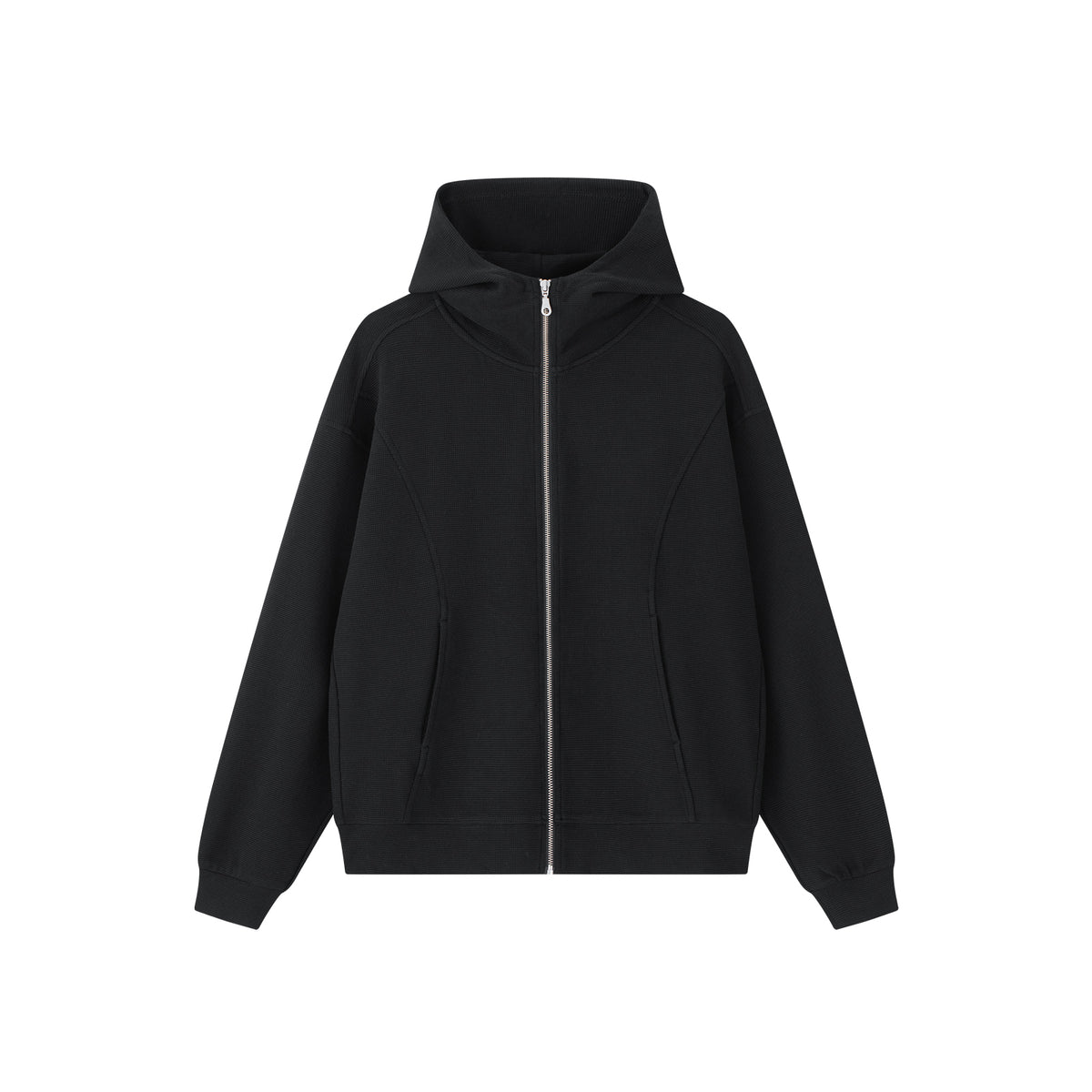 Black Relaxed Waffle Knit Suit Hoodie
