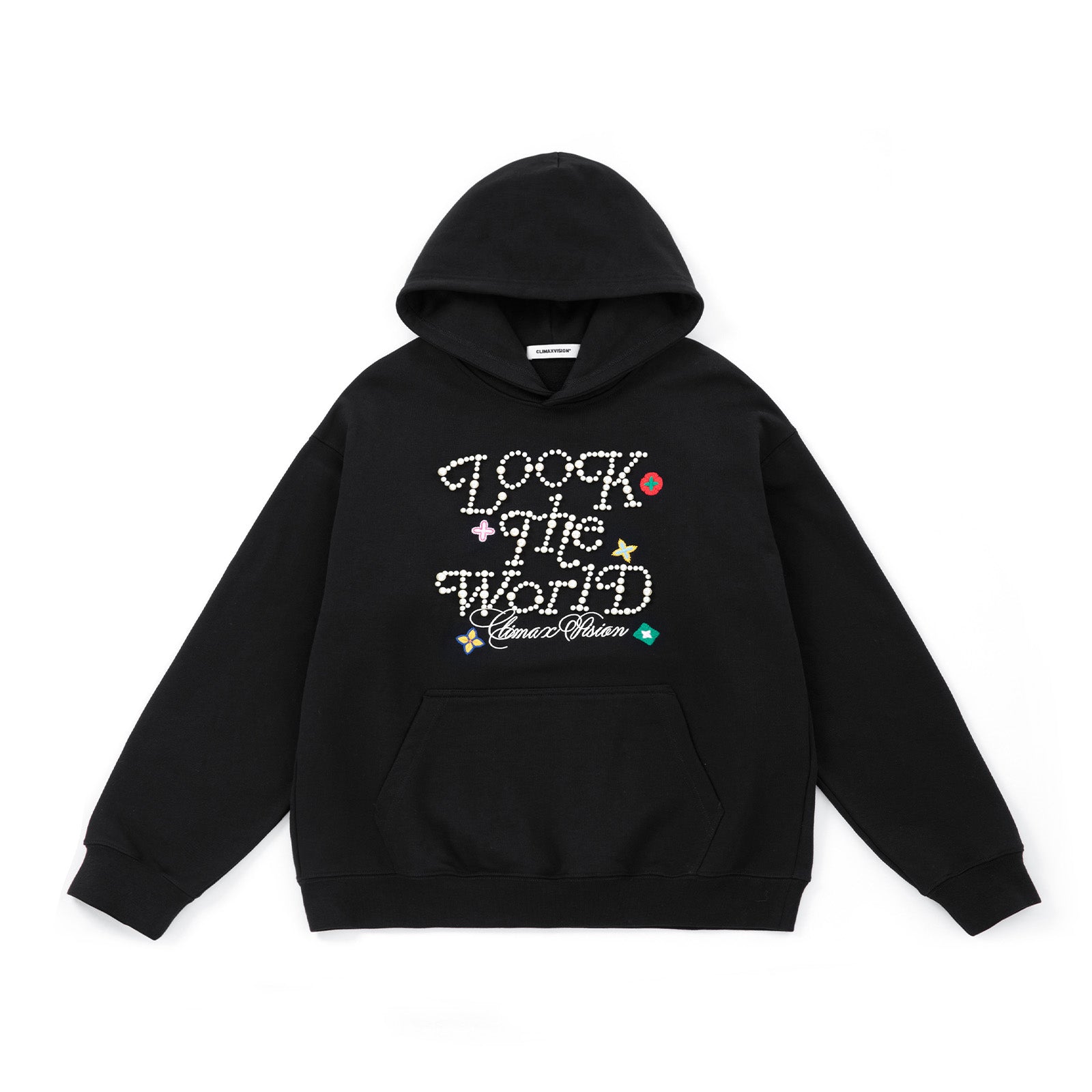 Pearl Letter Embroidered Flower Hoodie In Black
