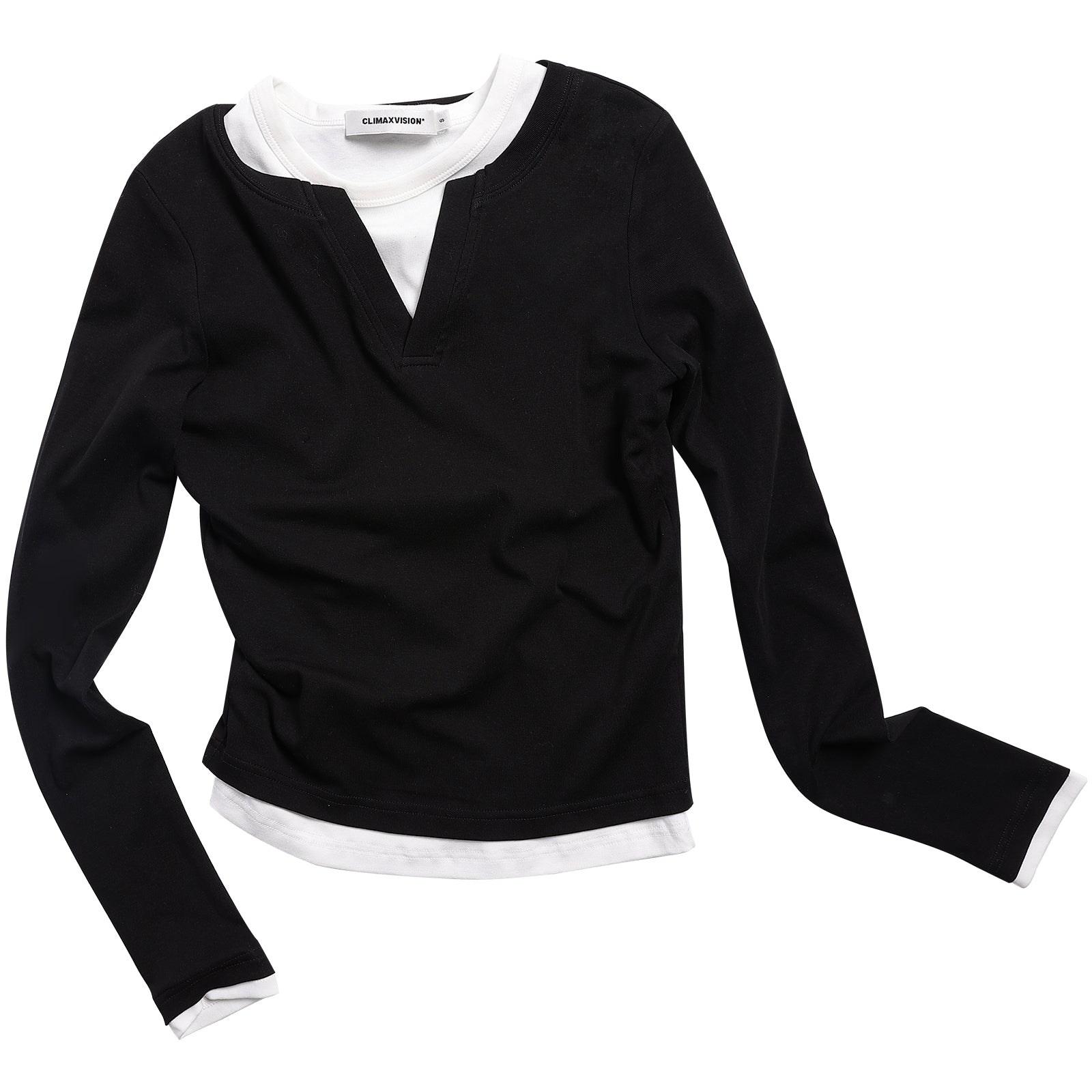 Black Stretch Cotton Layered Fake Two-piece Long-sleeved T-shirt