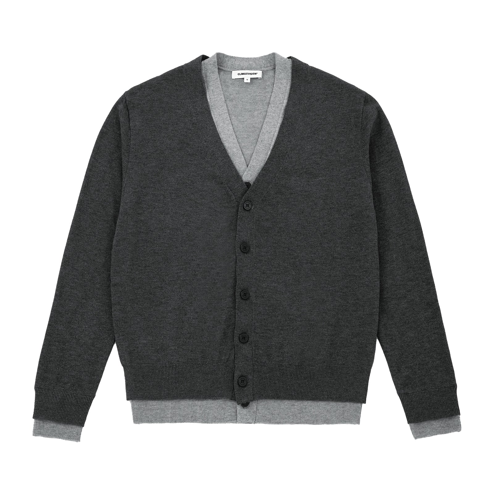 Wool Blend Fake Two-Piece Contrast Color V-Neck Cardigan Sweater In Gray