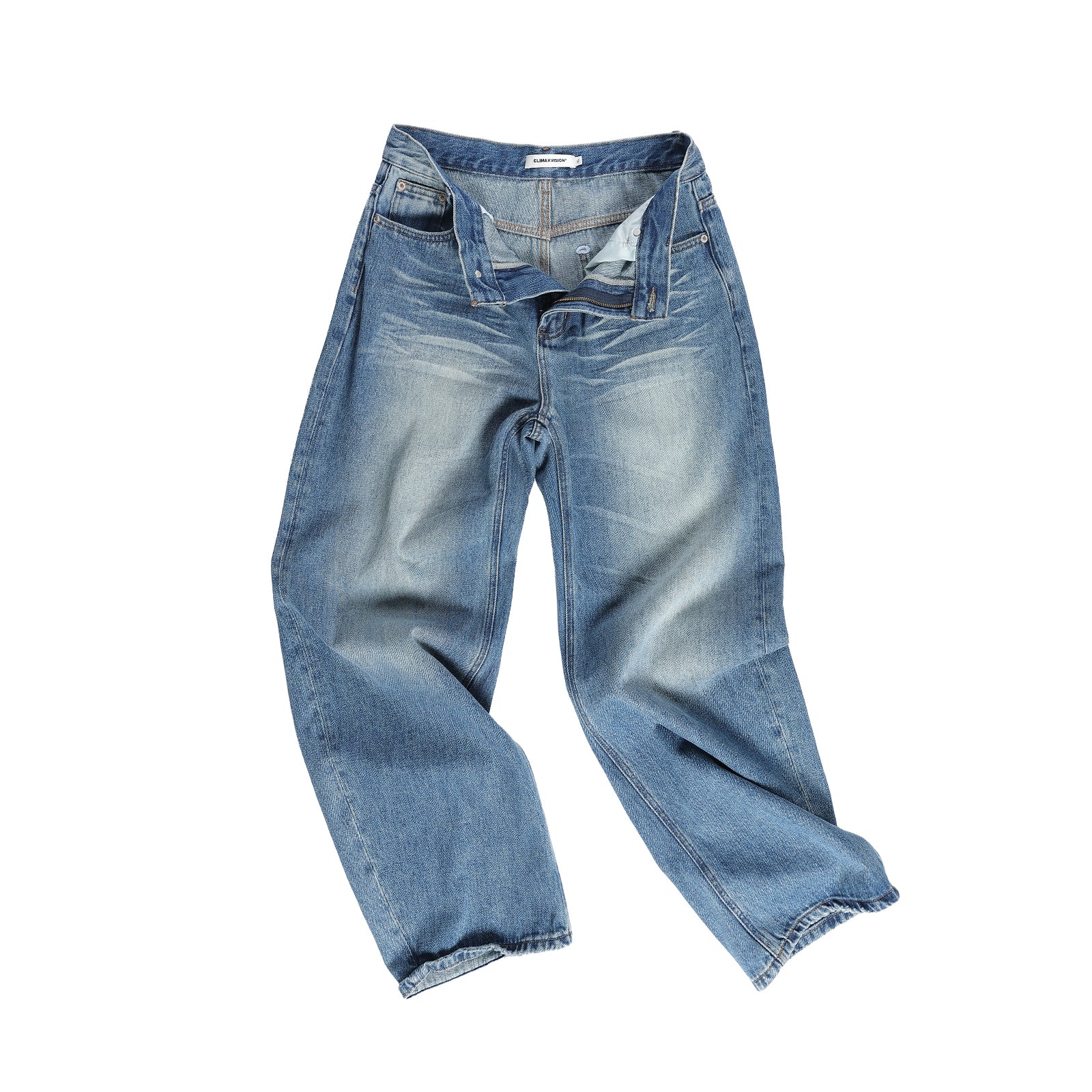 Washed Wide Scimitar Silhouette Low Crotch Jeans In Blue