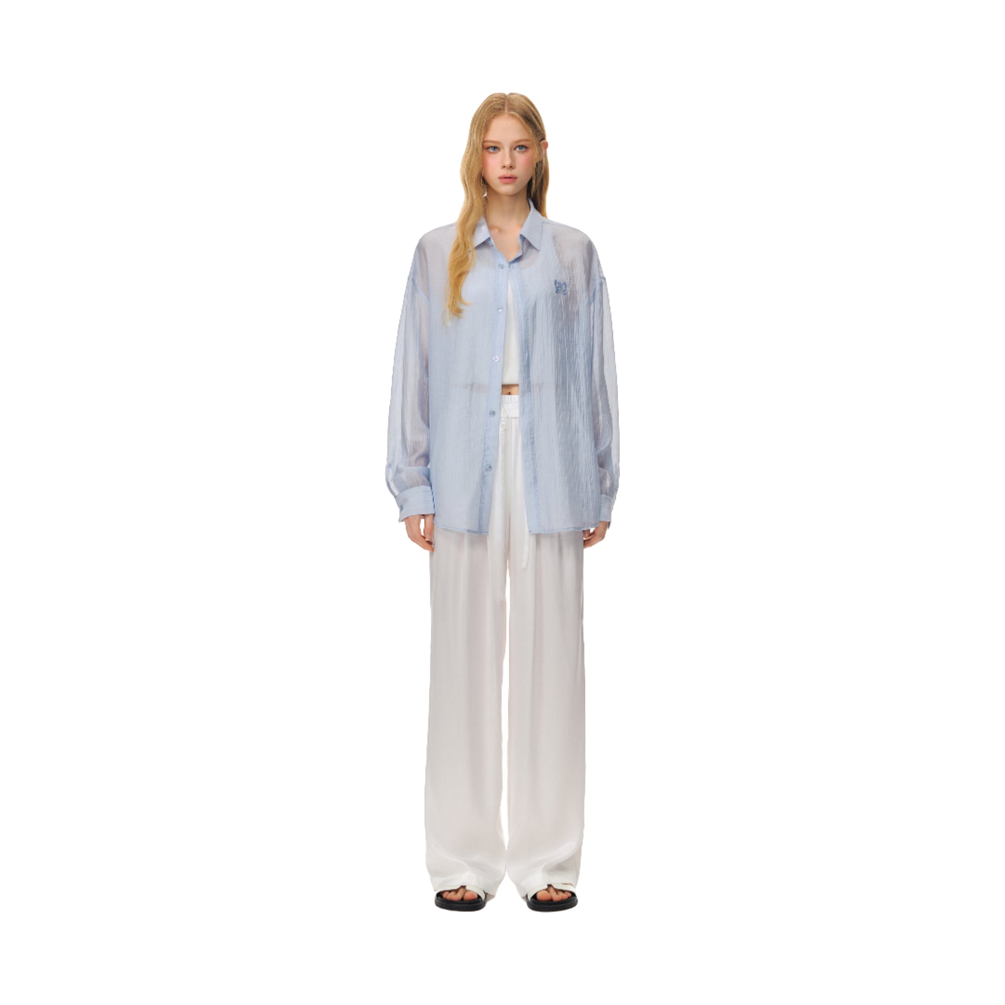 Blue Lightweight Casual Tencel Wrinkled Embroidered Shirt