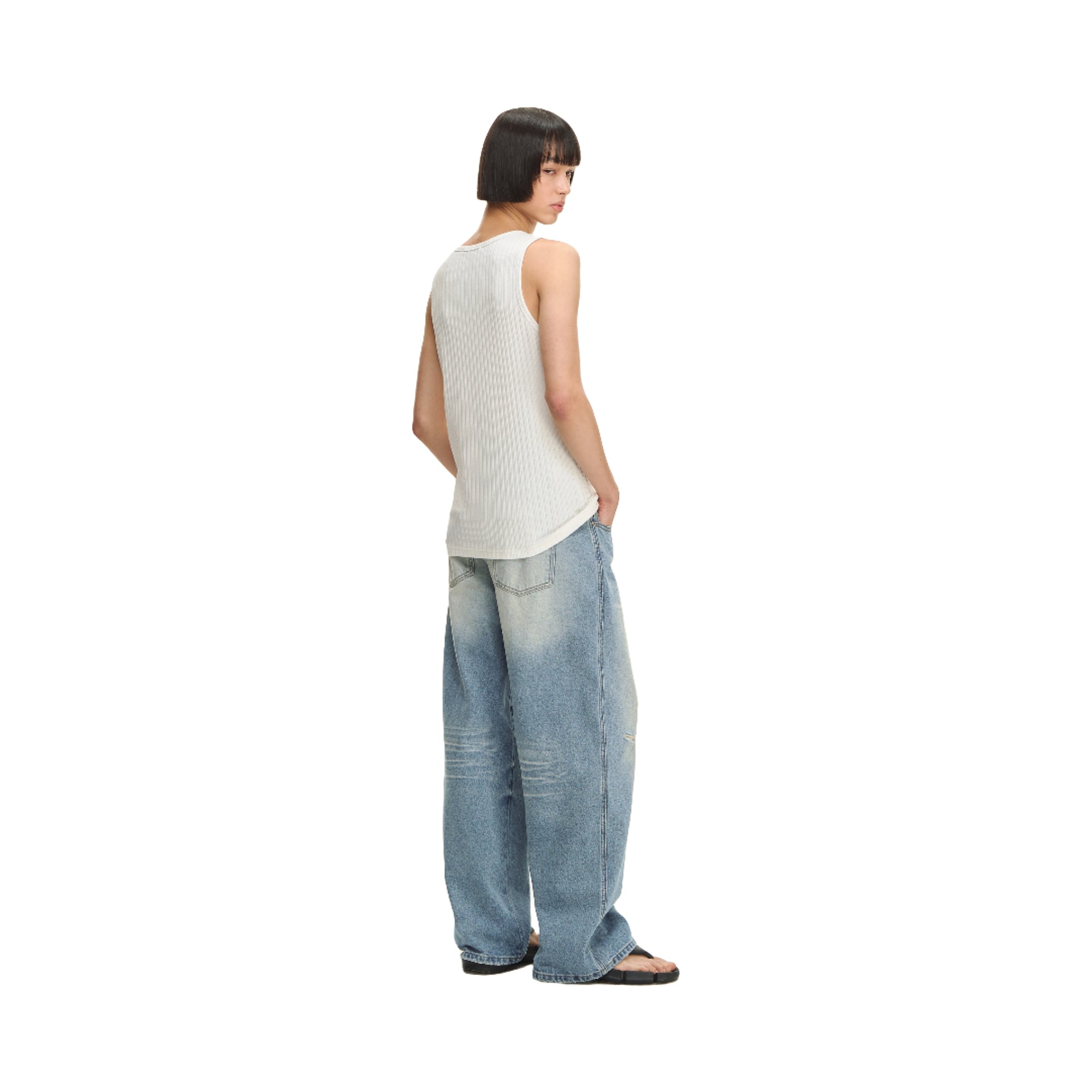 White Ribbed Texture Blended Stretch Basic Round Neck Vest