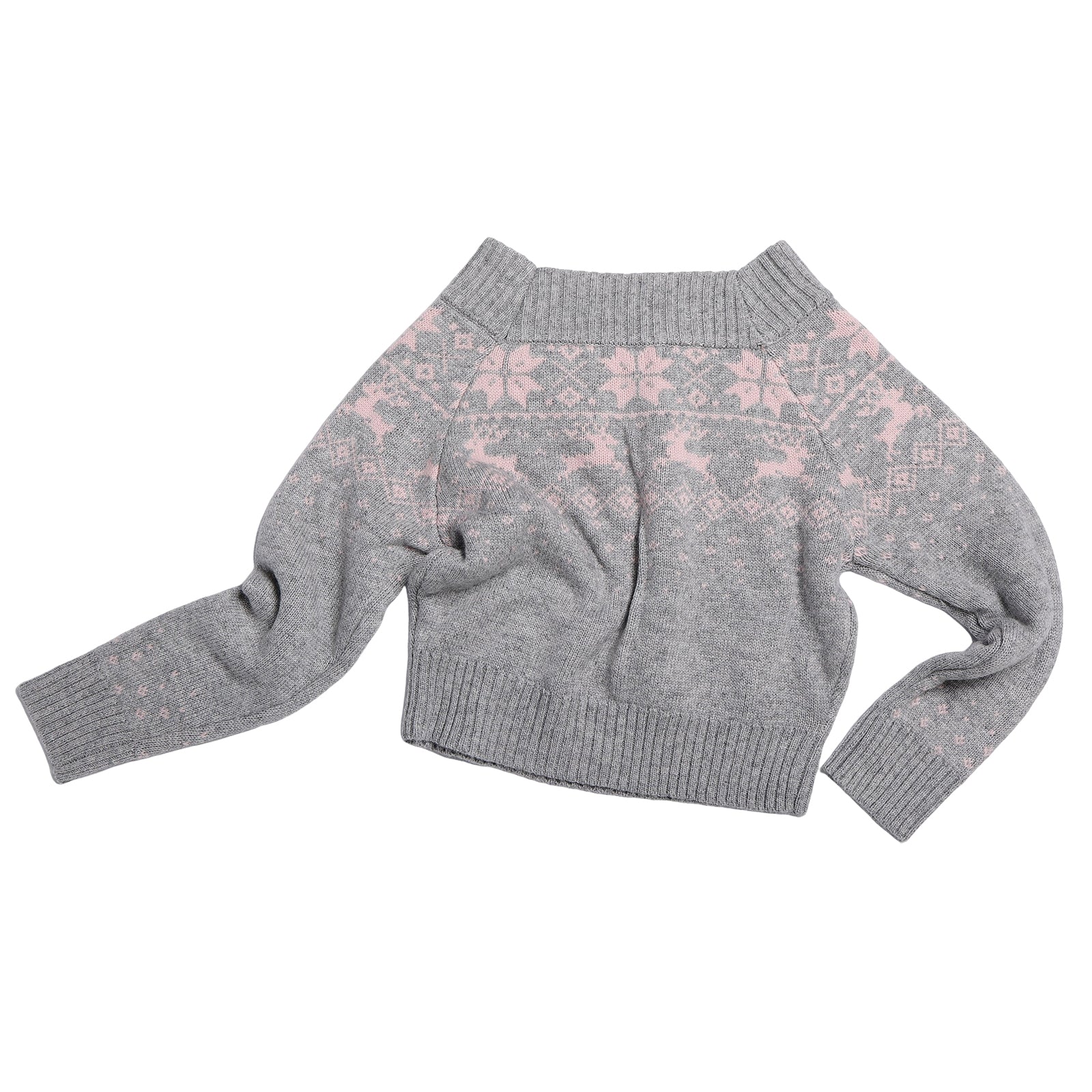 Light Grey Off-Shoulder Fair Isle Australian Wool Jacquard Pullover Sweater