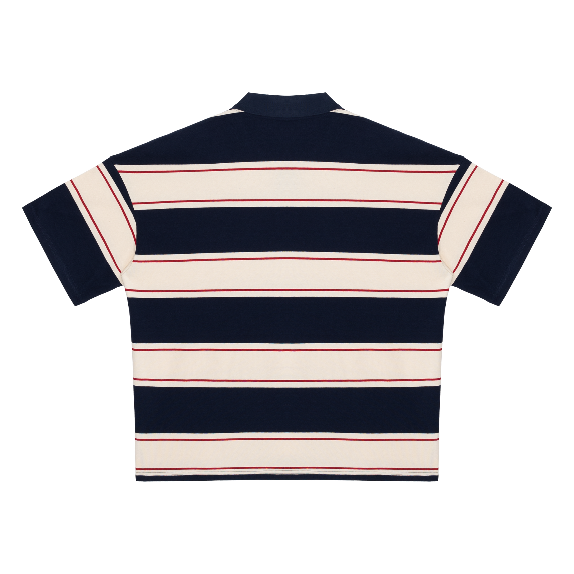 Navy Blue Striped Embroidered Polo Collar Short Sleeves