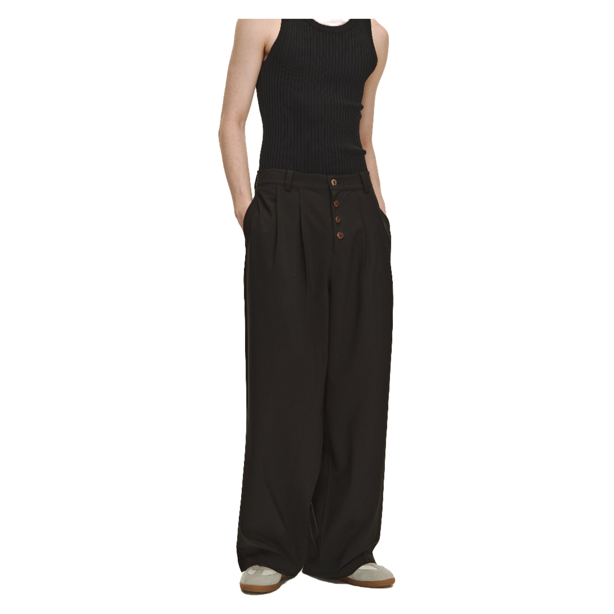 Black Pleated Straight Button-down Trousers