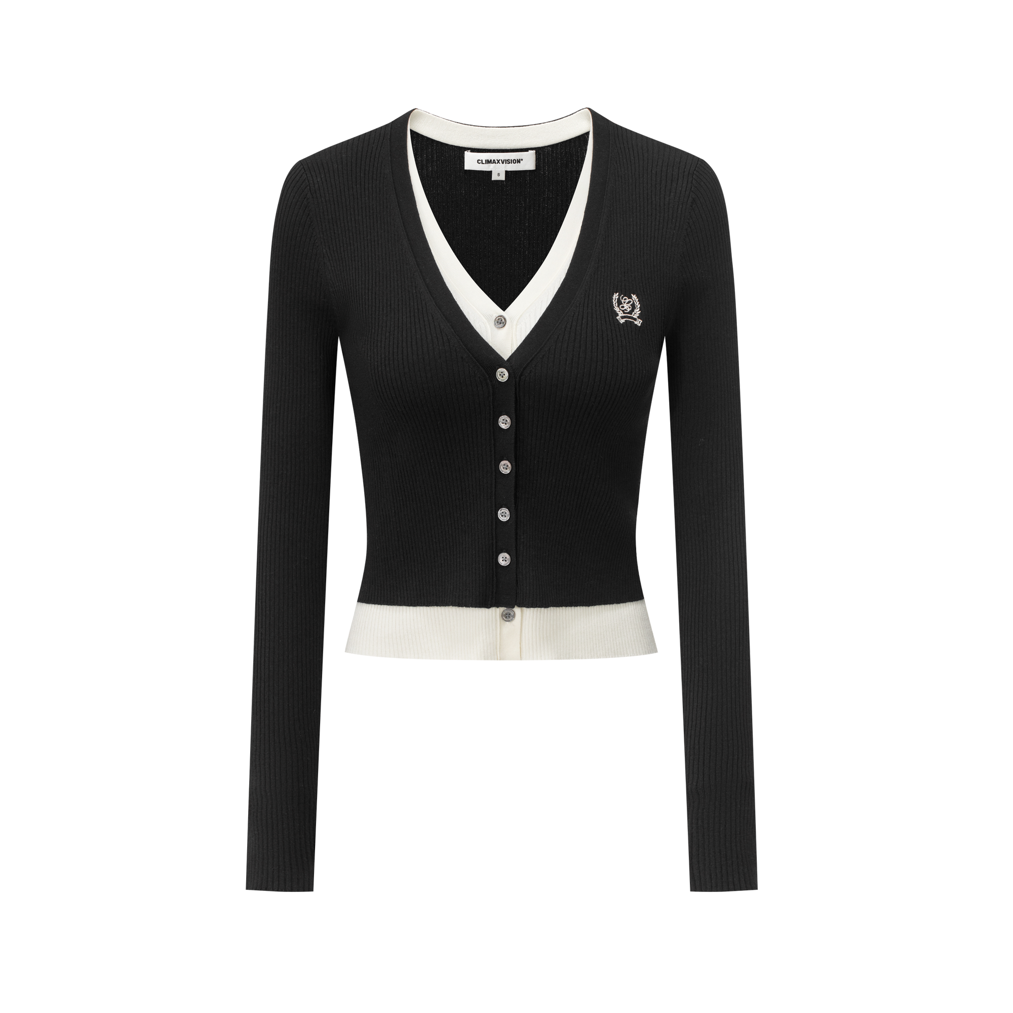 Tencel Wool Embroidered Fake Two-Piece V-Neck Knitted Cardigan In Black