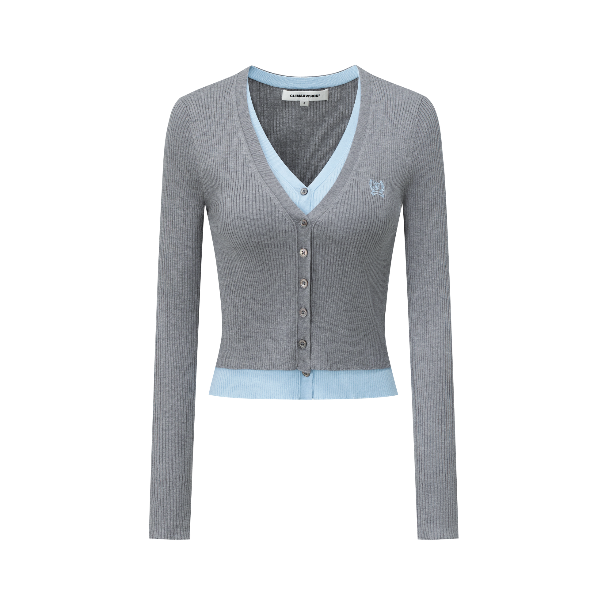 Tencel Wool Embroidered Fake Two-Piece V-Neck Knitted Cardigan In Grey