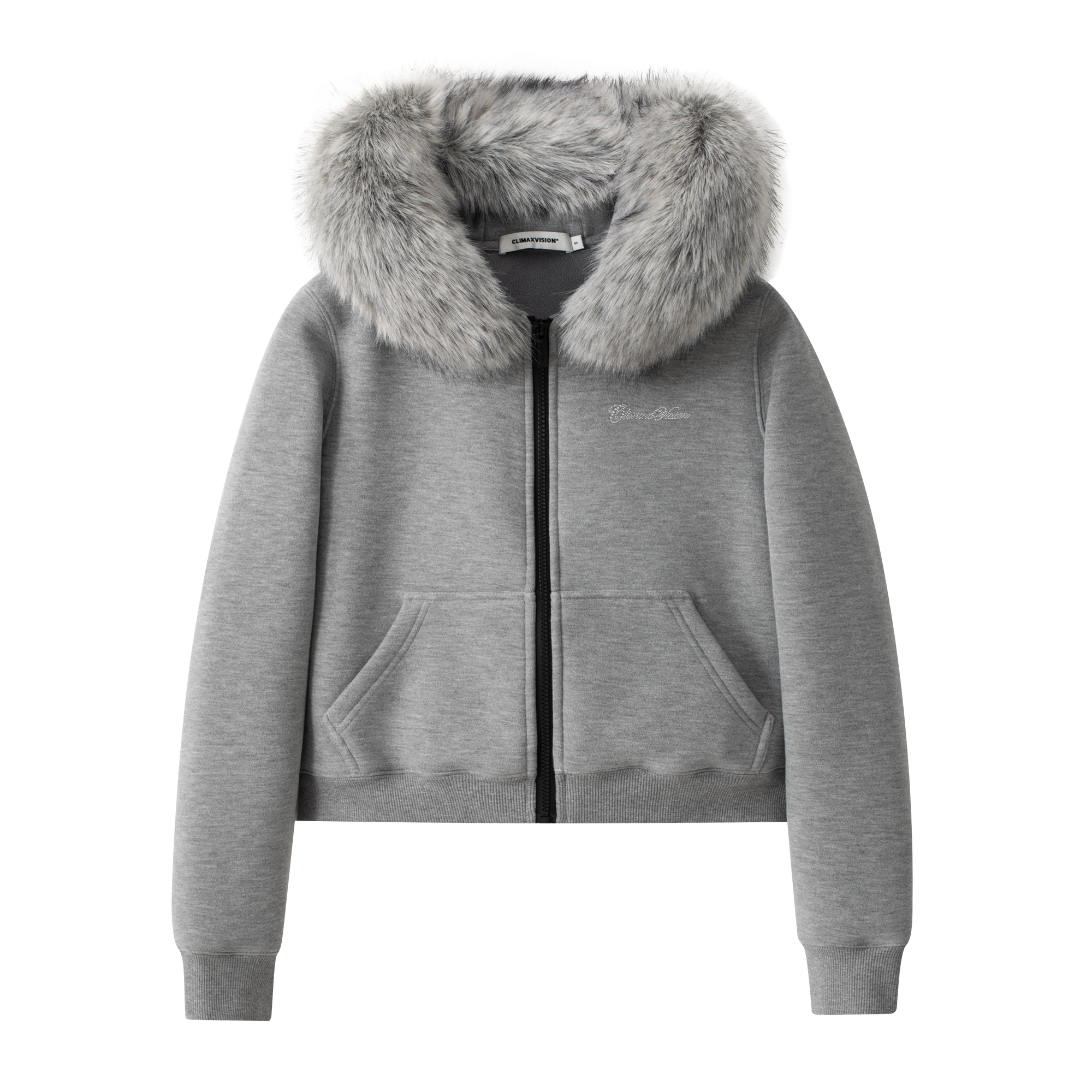 Grey Double-Sided Fleece Hooded Jacket with Detachable Fur Collar