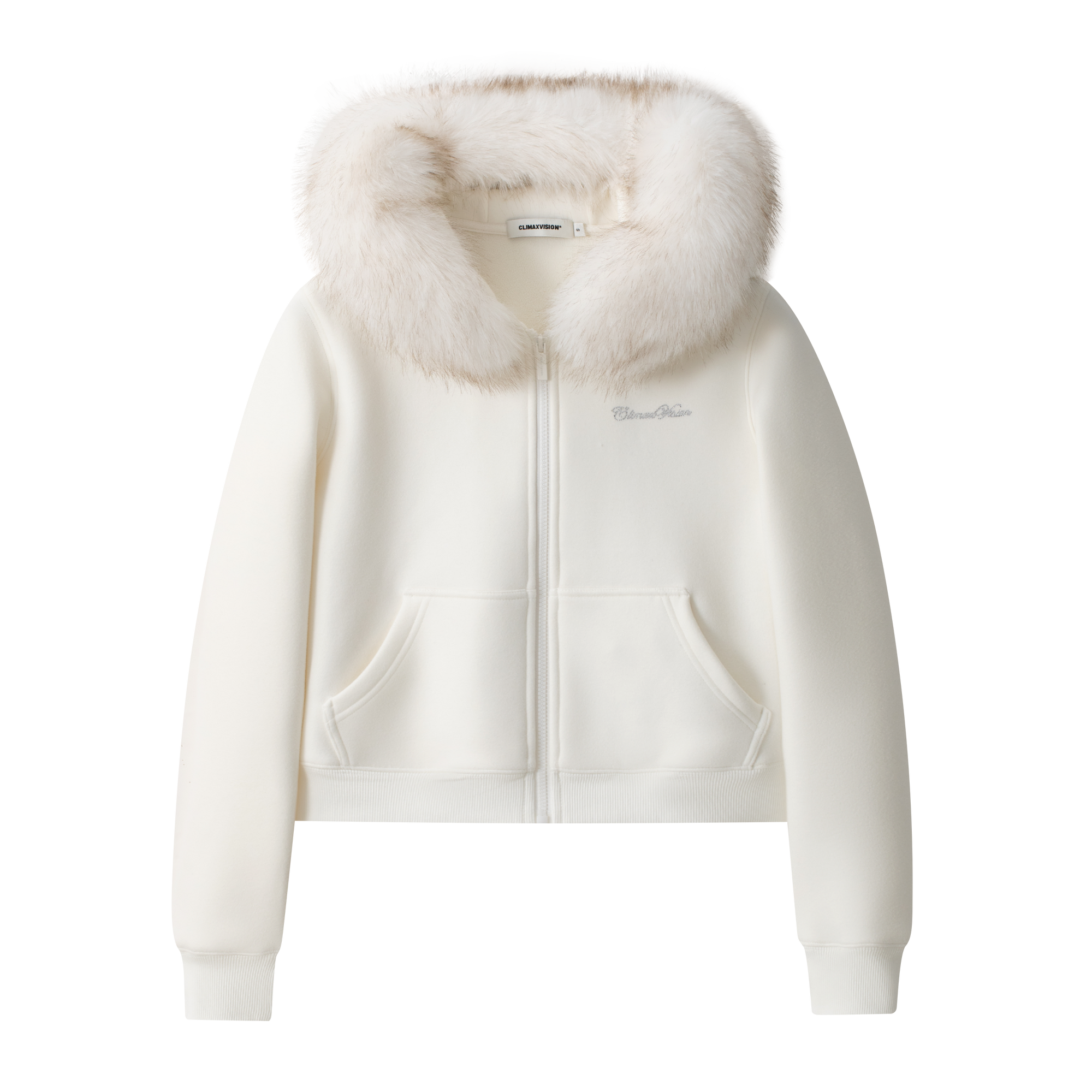 White Double-Sided Fleece Hooded Jacket with Detachable Fur Collar